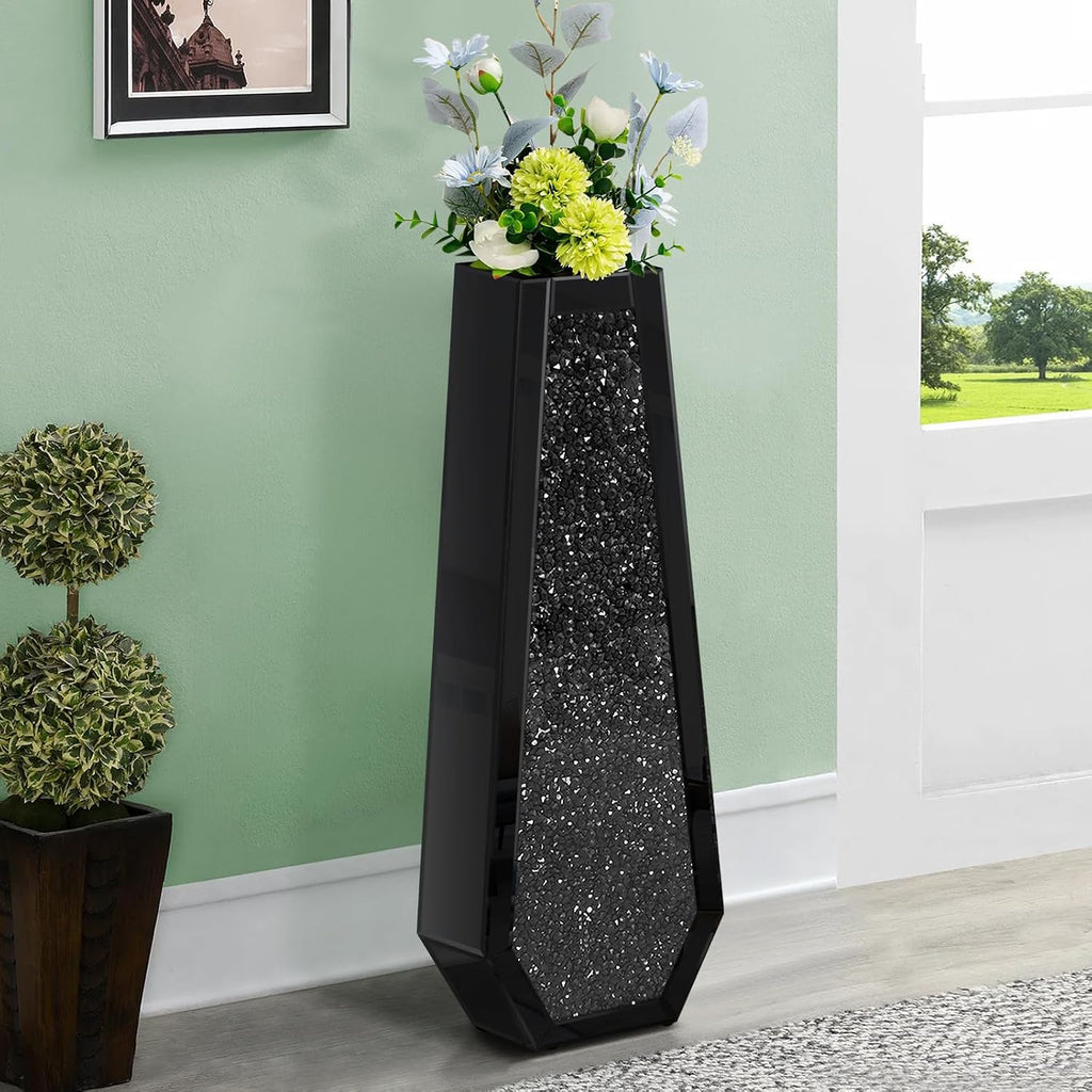 30' Tall Crushed Diamond Floor Vase, Black Large Vases for Decor Living Room, Crystal Mirrored Home Decor Vases for Dried Flower