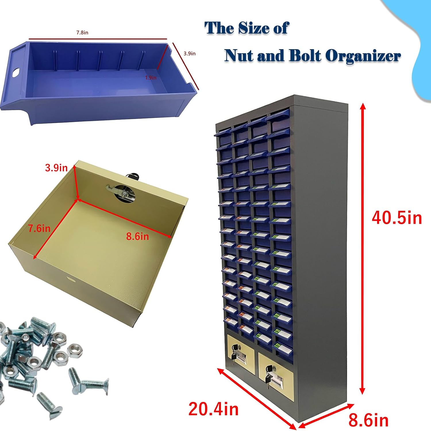 60 Drawers Part Cabinet Nut and Bolt Organizer Bolt Bin Cabinet Small Metal Parts Organizer Bolts Screw Storage with Two Lockable Large Drawers