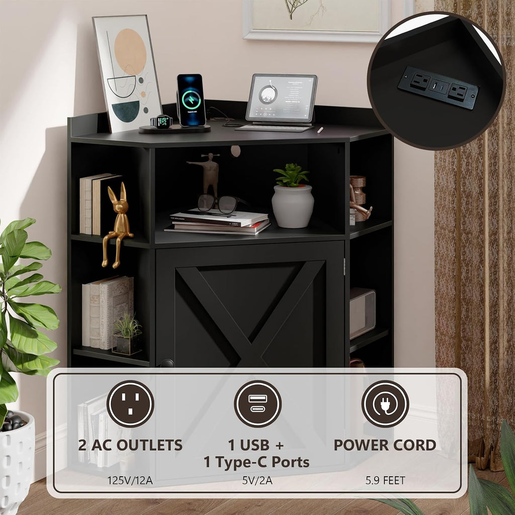 Vabches Corner Cabinet, Corner Storage Shelf with USB Ports and Outlets Industrial Organizer for Small Space Wooden 6-Cubby Bookshelf for Study, Playroom, Living Room (Black)