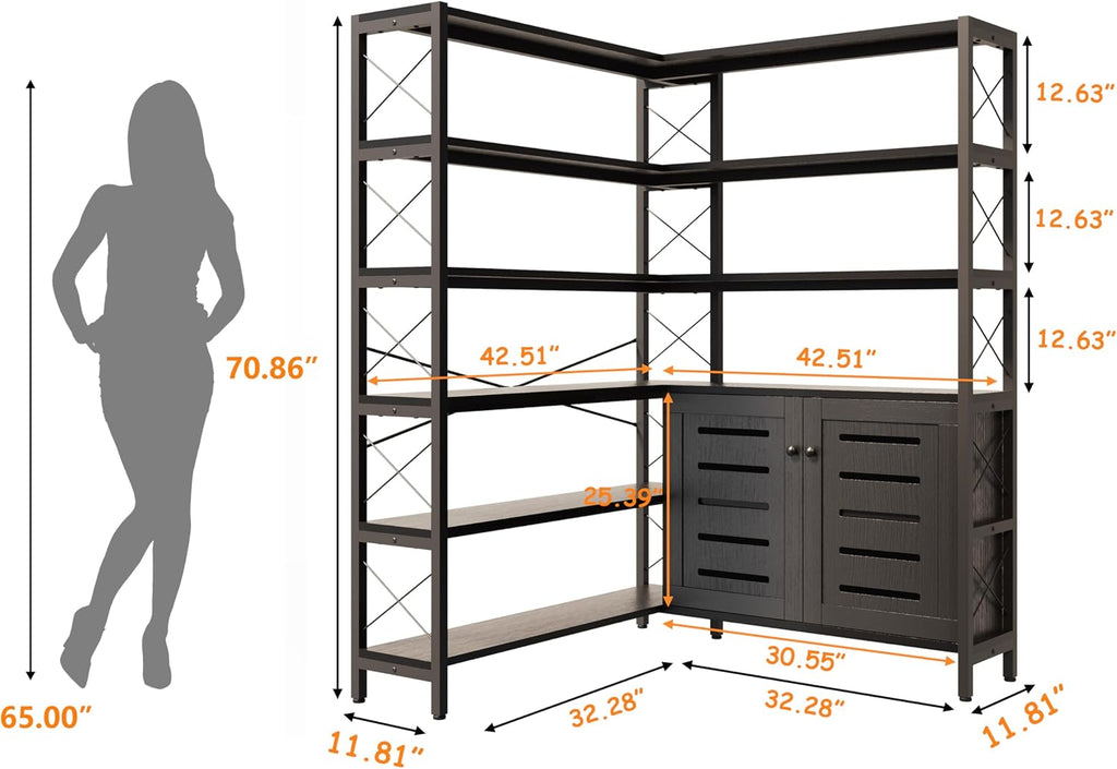 Corner Bookshelves and Bookcases Industrial Corner Etagere Bookcase L Shaped Shelf 6 Tiers with Metal Frame for Living Room Home Office
