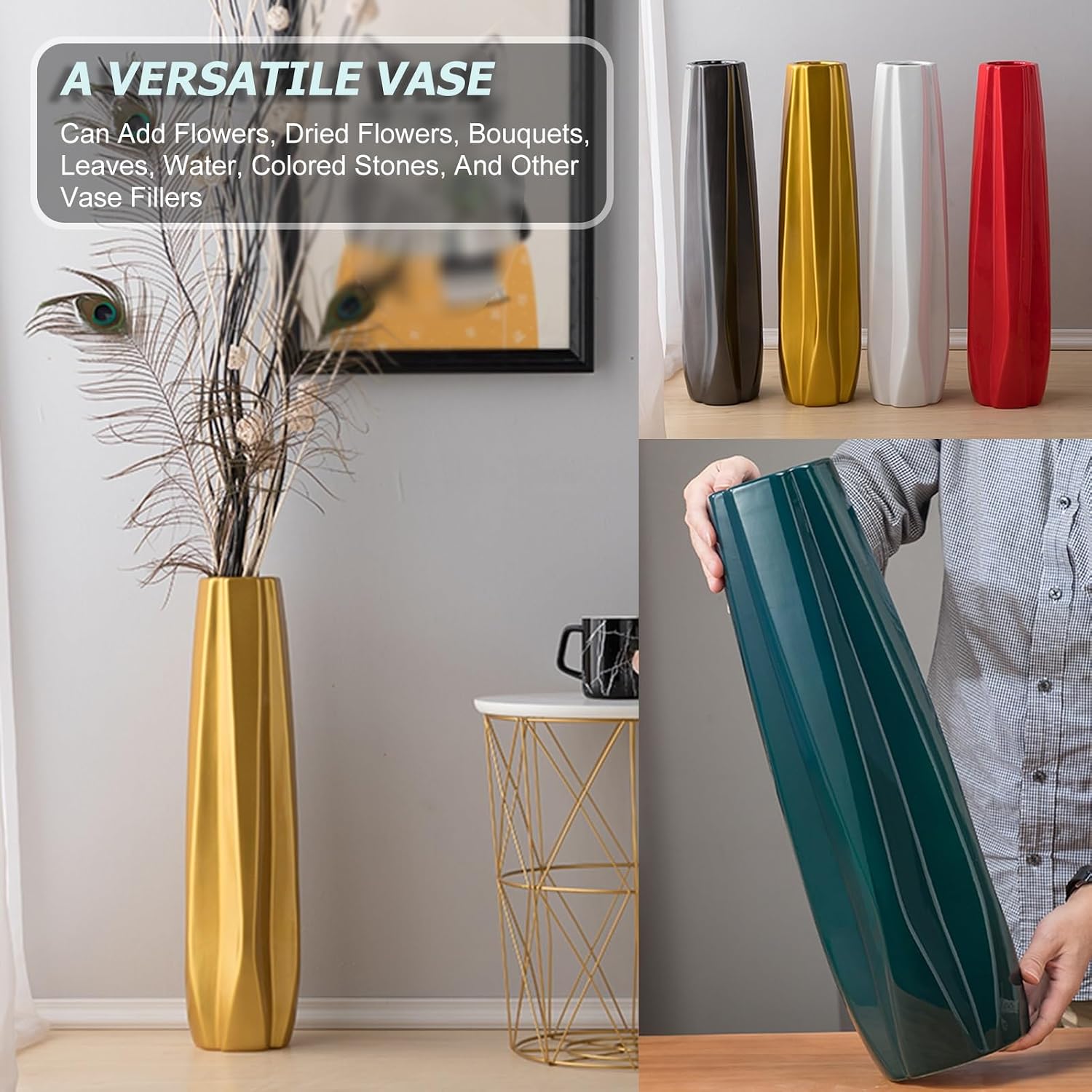 Modern Large Flower Tall Vases,Floor Vase,Large Size Ceramic Vase,Multifunctional Decorative Ornaments,for Office, Home,Farmhouse,Living Room Décor (Color : Grey, Size : 24in)