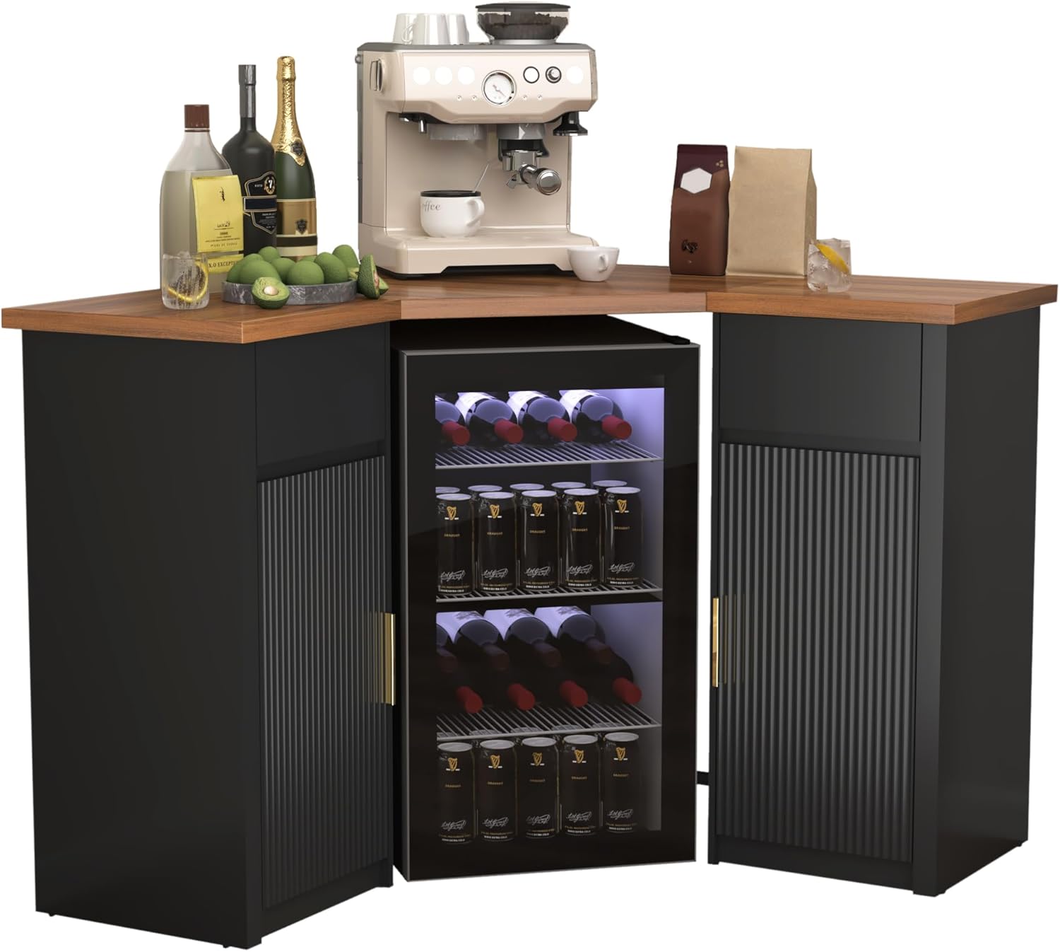 GDLF Corner Bar Cabinet with Fridge Space, Corner Coffee Bar Station with Storage, L Shaped Liquor Wine Cabinet for Home