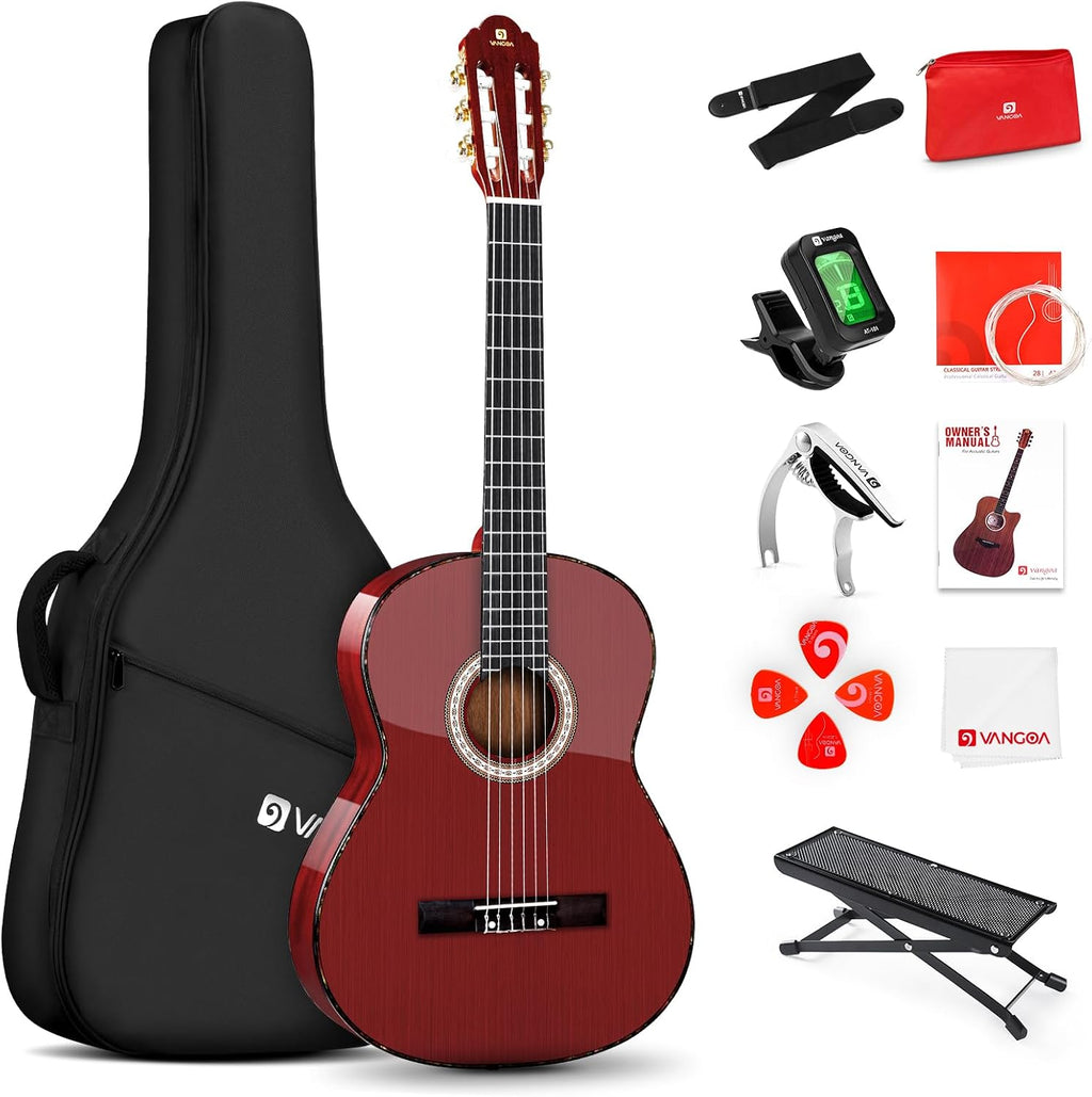 Classical Guitar Full Size 4/4 Spanish Style Classical Guitarra, 39 Inch Nylon Strings Guitar Ideal for Beginner Adults, Solid Rosewood Red, by Vangoa