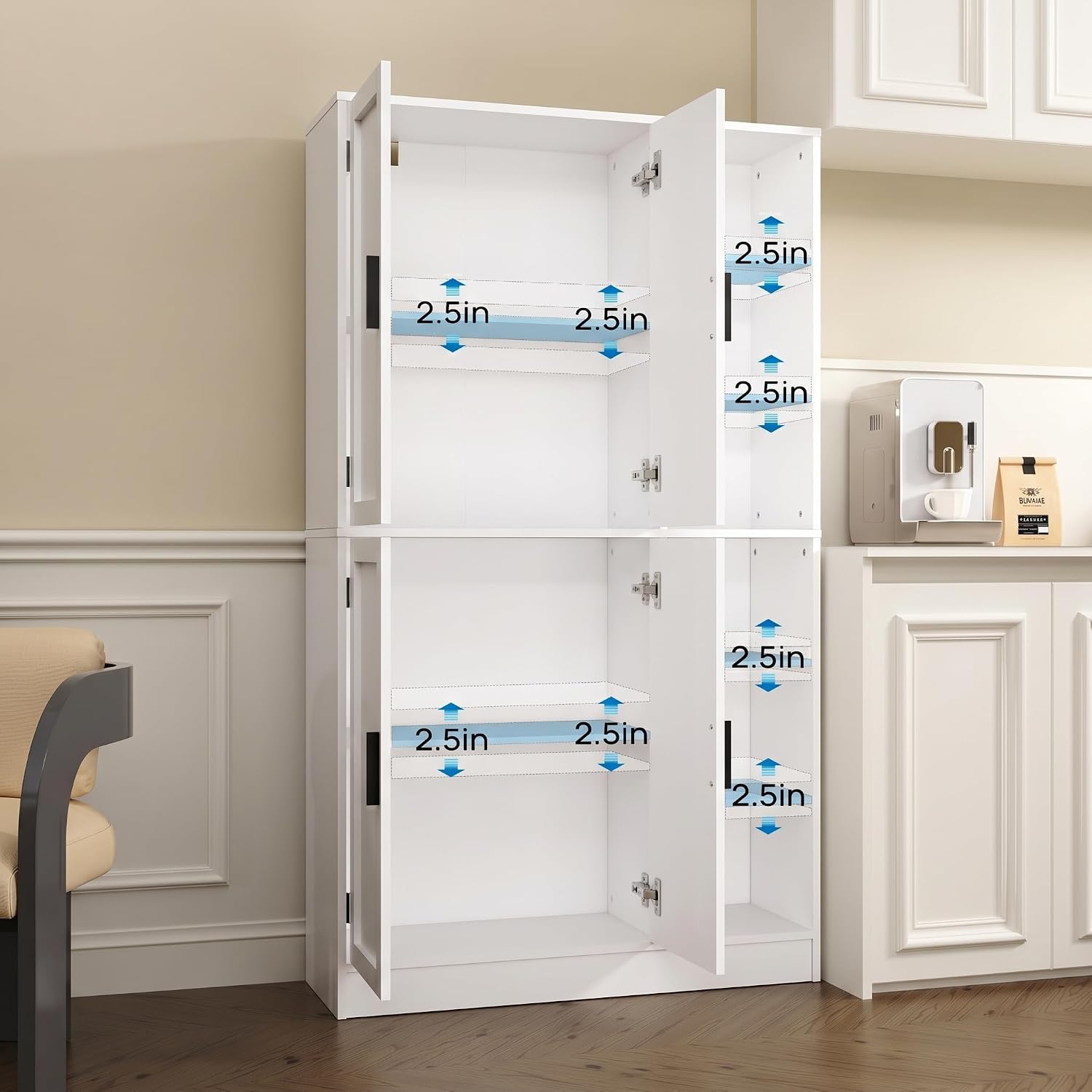 holzart 63' Tall Kitchen Pantry Cabinet, Freestanding Dining Room Storage Hutch with 4 Doors and Adjustable Shelves, Modern Utility Cupboard for Coffee Bar and Microwave, White