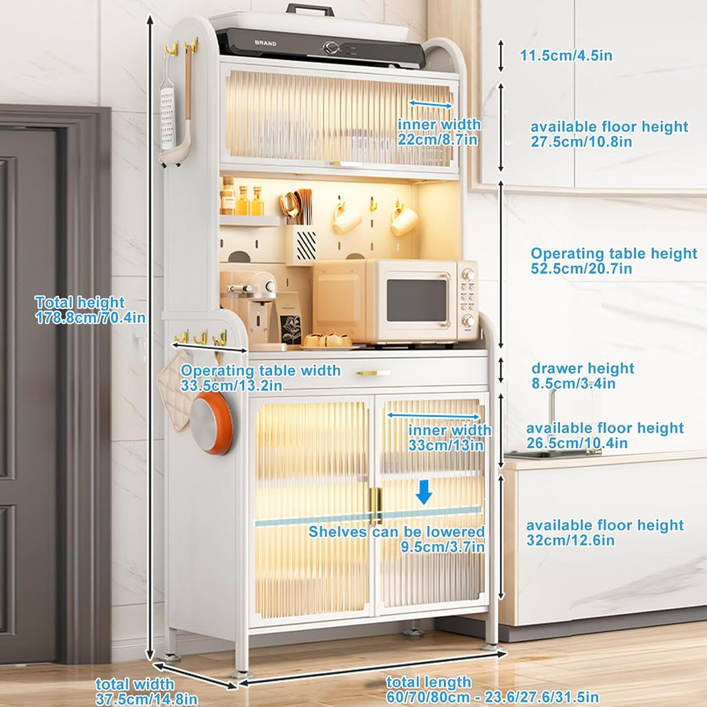 5 -Tier Bakers Racks for Kitchens, Bakers Rack with Drawers, Large Metal Coffee Bar Cabinet - with Transparent Flip Switch Door Design,DIY backplane Creative, 4 Hooks