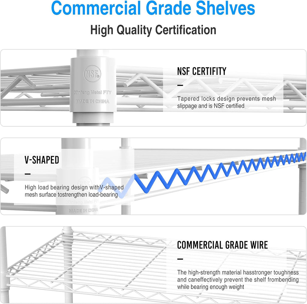 pouseayar 3 Tier NSF Metal Shelf Wire Shelving Unit, 1050lbs Capacity Heavy Duty Adjustable Storage Rack with Shelf Liners - 48' H x 48' L x 18' D for Closet Kitchen Garage Basement and More - White