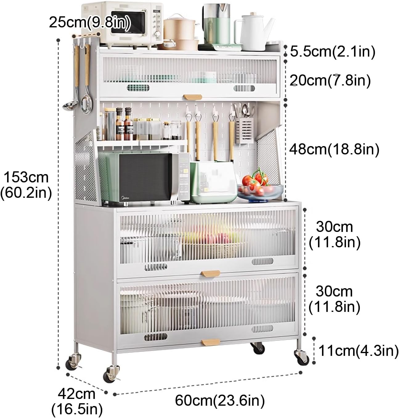 5-Tier Microwave Storage Stand - Kitchen Baker's Rack with Drawers Versatile Storage Cabinet for Home Office Pantry - Stylish Black Design,Black,60cm