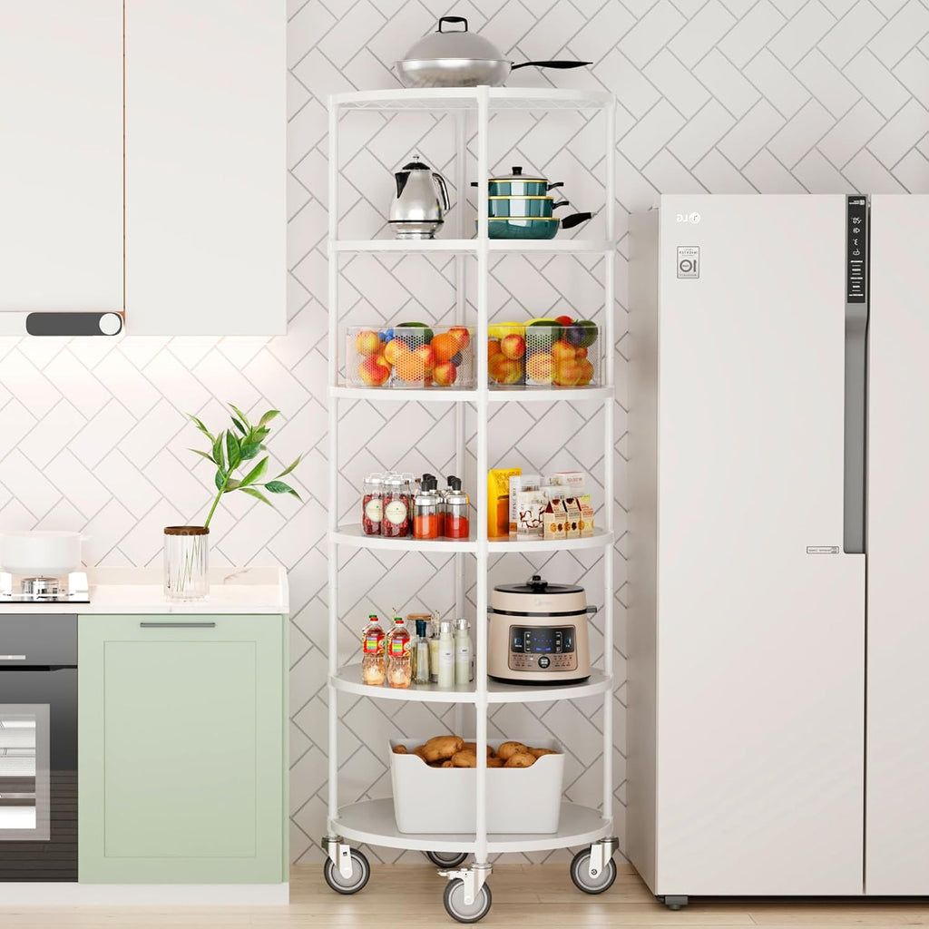 White 6 Tier NSF Metal Round Wire Shelving Units with Shelf Liners, 2400lbs Storage Rack with 4 Wheels for Kitchen, Utility Room, Warehouse, 85.5' H x 30' L x 30' W