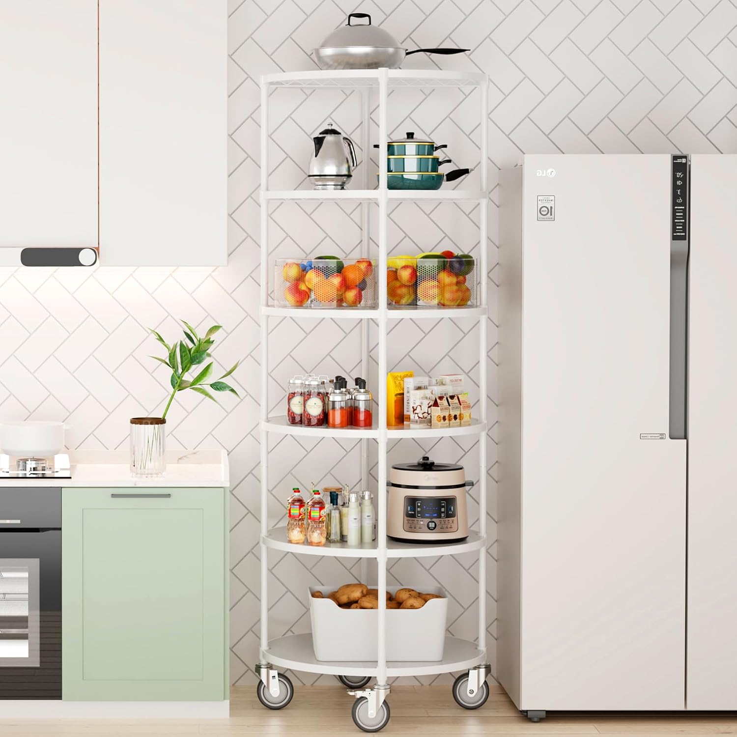 White 6 Tier NSF Metal Round Wire Shelving Units with Shelf Liners, 2400lbs Storage Rack with 4 Wheels for Kitchen, Utility Room, Warehouse, 85.5' H x 30' L x 30' W