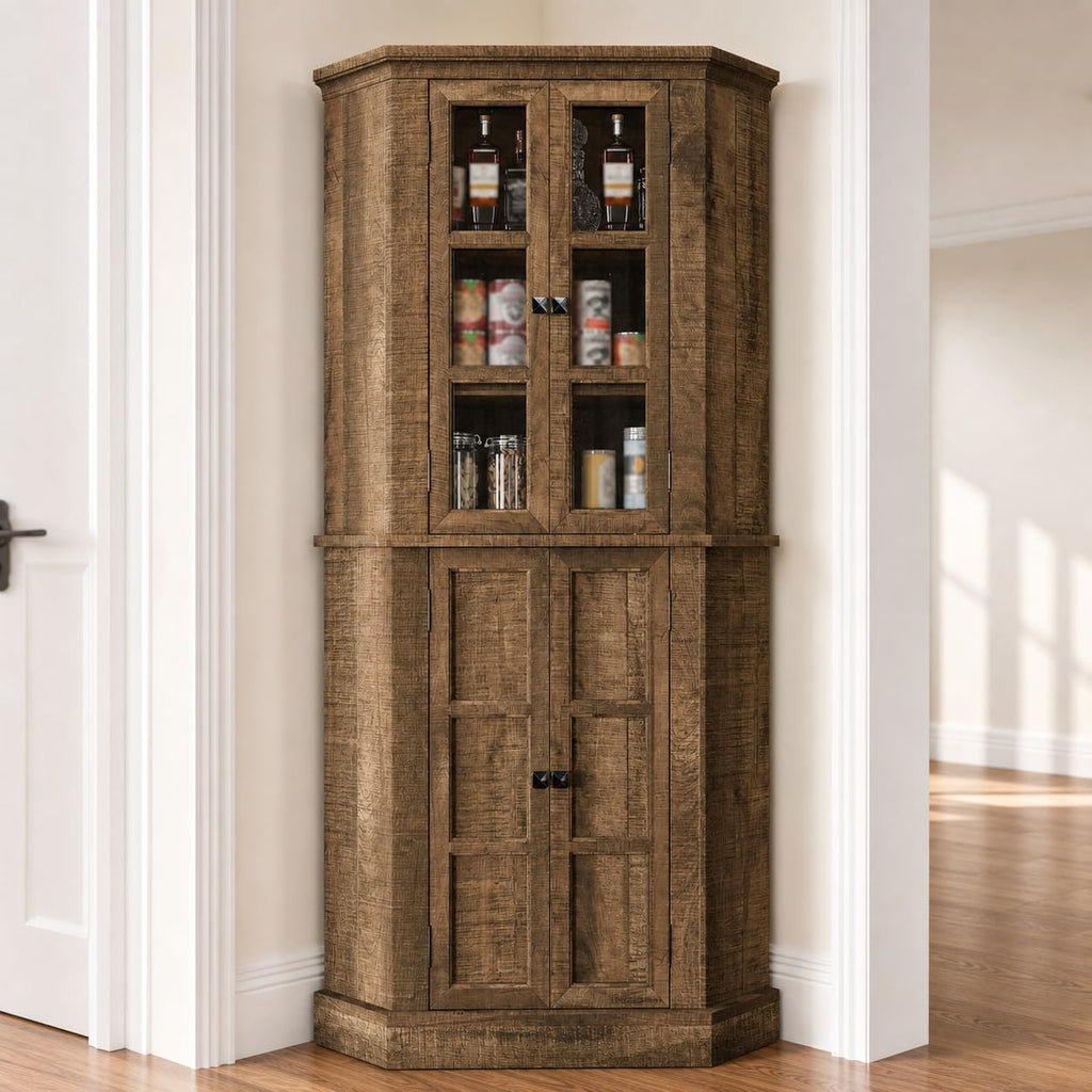 Betterhood Corner Cabinet, 67' Tall Kitchen Pantry Storage Cabinet with Glass Doors and Adjustable Shelves, Freestanding Food Pantry Farmhouse Furniture for Kitchen,Living Room, Rustic Brown