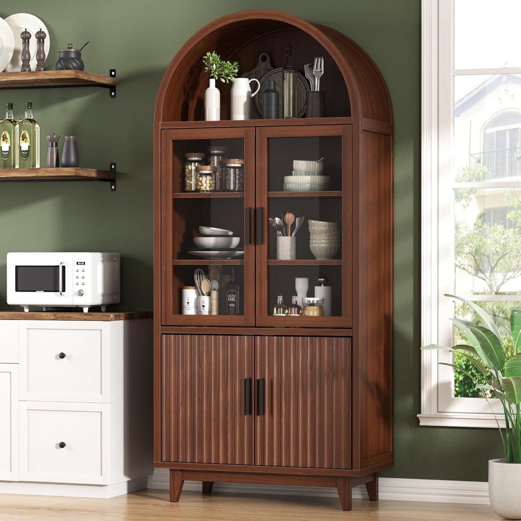 FiveWillowise Kitchen Pantry Cabinet with Glass Doors - Arched Design, Solid Wood Legs, Artistic Fluted Door, Adjustable Shelves, 70.8' Curved Storage Cabinet for Kitchen, Dining Room