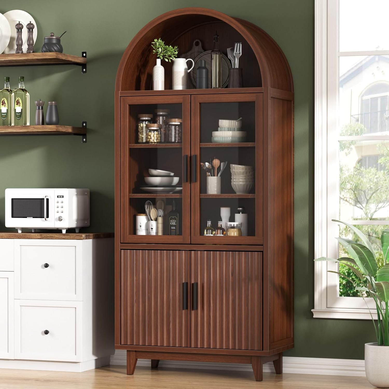 FiveWillowise Kitchen Pantry Cabinet with Glass Doors - Arched Design, Solid Wood Legs, Artistic Fluted Door, Adjustable Shelves, 70.8' Curved Storage Cabinet for Kitchen, Dining Room