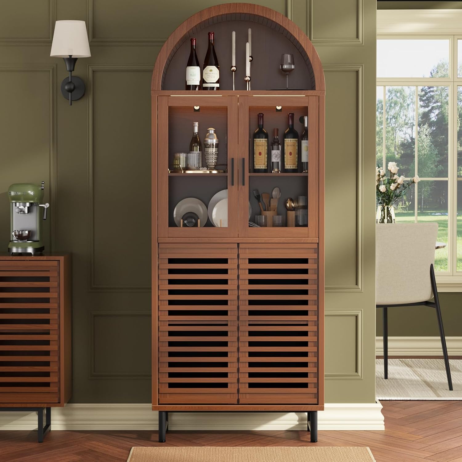 FiveWillowise Kitchen Pantry Cabinet with Glass Doors - Arched Design, Metal U Legs, Artistic Slatted Door, Adjustable Shelves, 78.4' Curved Storage Cabinet for Kitchen, Dining Room