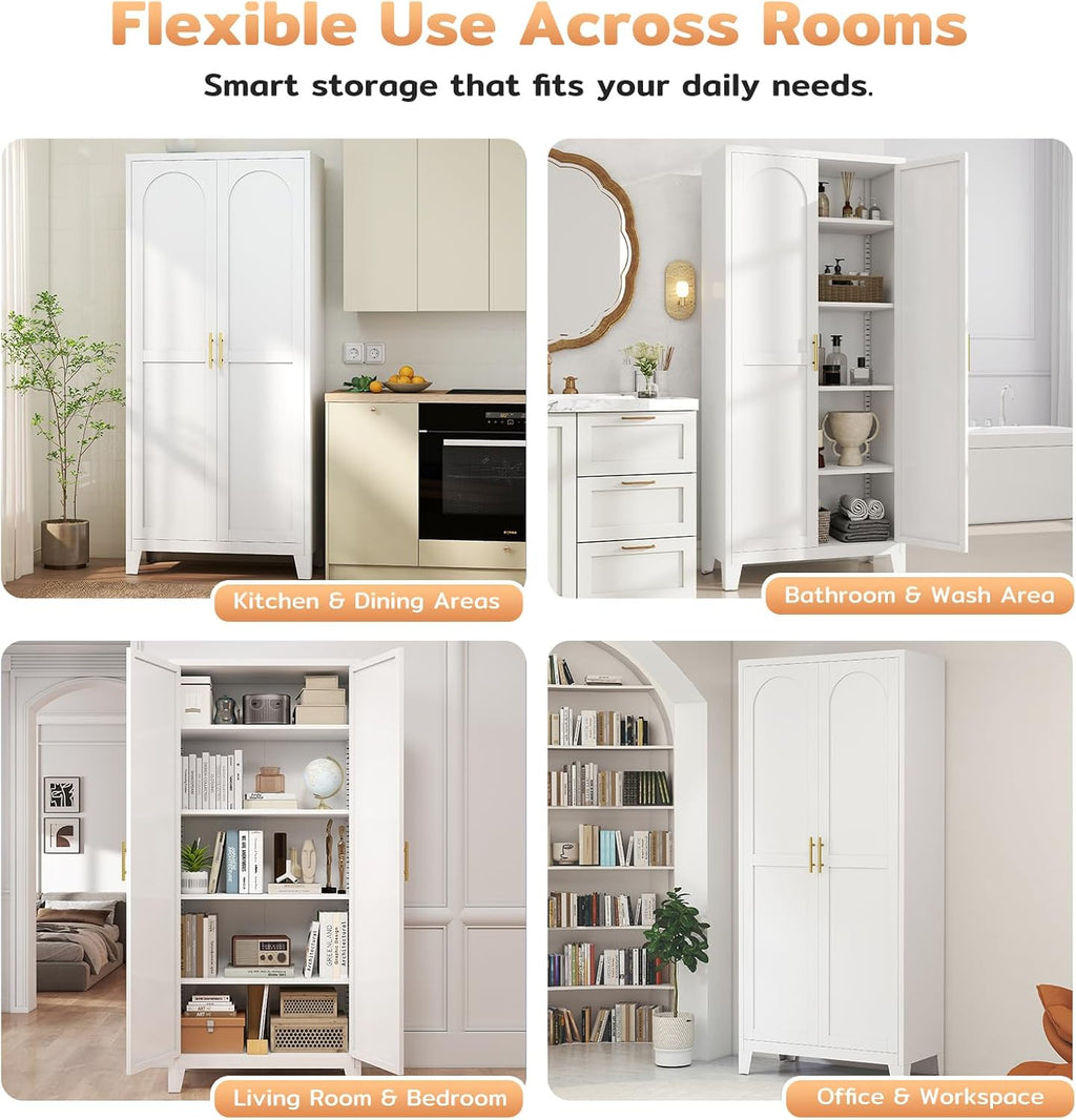 Zevemomo 71'' Tall Metal Pantry Cabinet with 2 Doors, Freestanding Kitchen Storage Cabinet with 4 Adjustable Shelves, Steel Cupboard for Kitchen, Pantry, Dining Room, Living Room, Bathroom, White