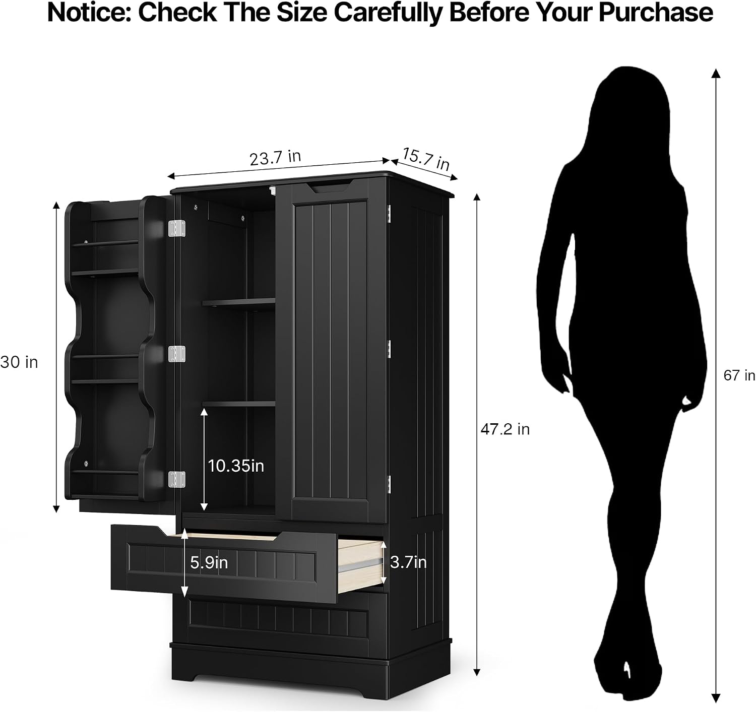Gizoon Kitchen Pantry Cabinet with Drawers, 47' Small Food Pantry Storage Cabinet with 6 Door Shelves for Snack and Spice, Freestanding Craft Storage Cabinet for Craft Room, Black, Painted