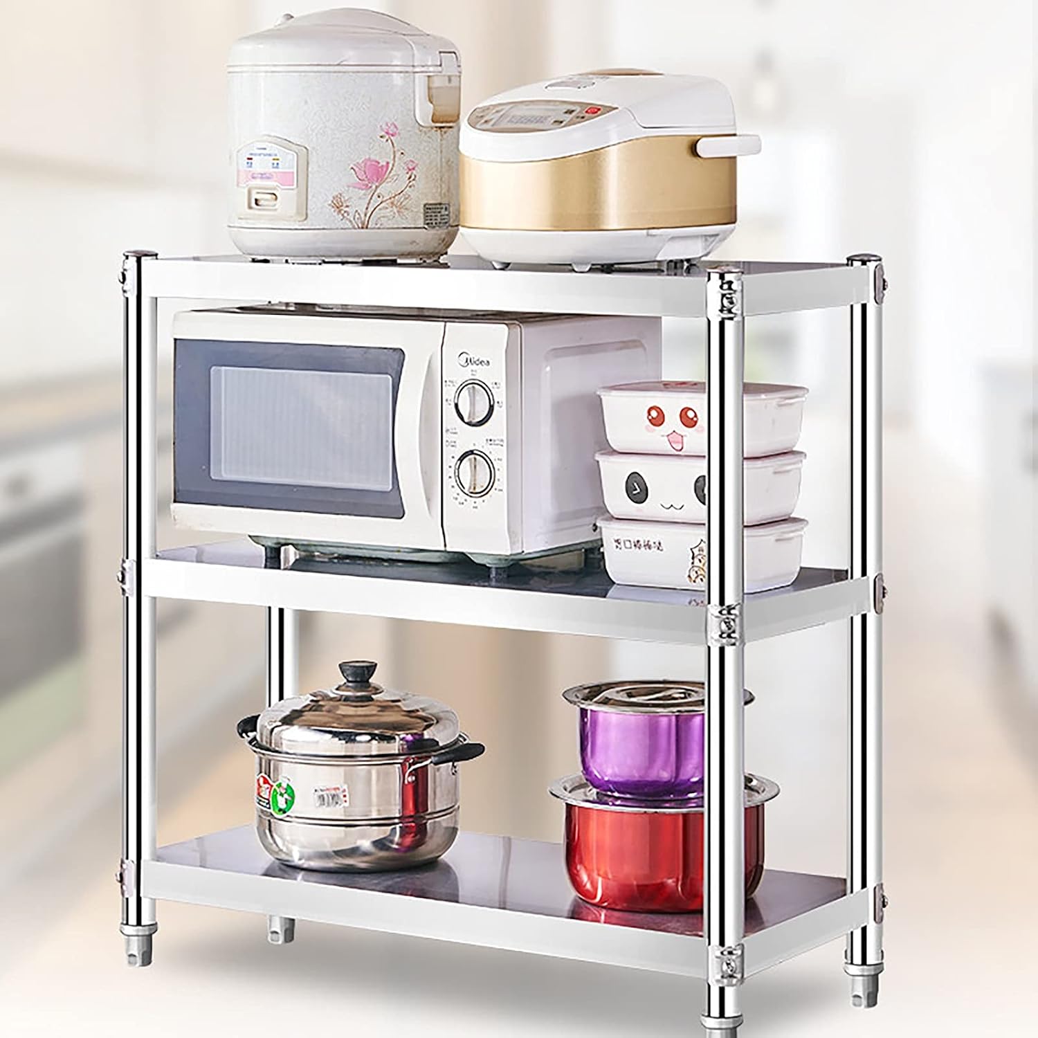 3-Tier Kitchen Baker's Rack Utility Microwave Oven Stand Storage Cart Workstation Shelf Hooks Organizer Baker's Shelves Bar Hutch Industrial Oven Standing Spice Wine Adjustable Shelving (100x30x80cm )