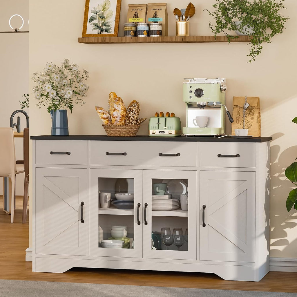 Likein Sideboard Buffet Cabinet with Storage, 55' Kitchen Coffee Bar Cabinet with 3 Drawers & Glass Doors, Farmhouse Sideboard Buffet Table with Adjustable Shelves for Living Room, Dining Room, White