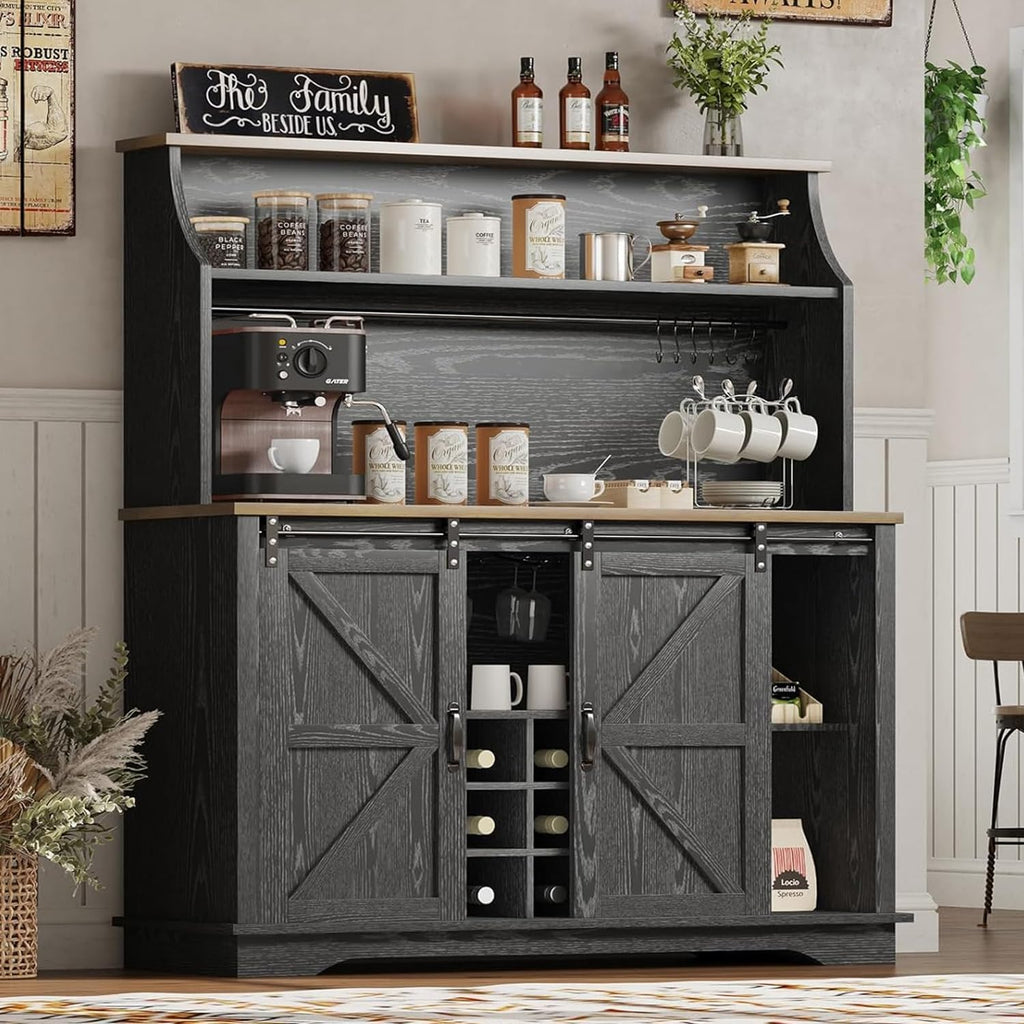 REVOMINCA 47 Inch Farmhouse Coffee Bar Cabinet with 3-Tier Storage, Coffee Bar Hutch with 9 Wine Racks, 3 Glass Holders, 6 Hooks, Kitchen Hutch for Dining Living Room, Black