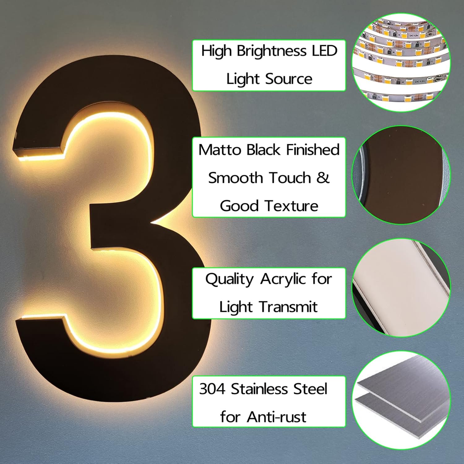 Modern House Numbers Light Up, 18' Backlit Illuminated 3D Floating LED Address Number, Stainless Steel LED Lighted House Number, Warm Light,Q