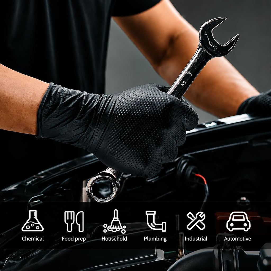 ANBOSON 10 Mil Nitrile Disposable Gloves Heavy Duty Mechanic Gloves Raised Diamond Texture Thick (Black of 1000, Medium)