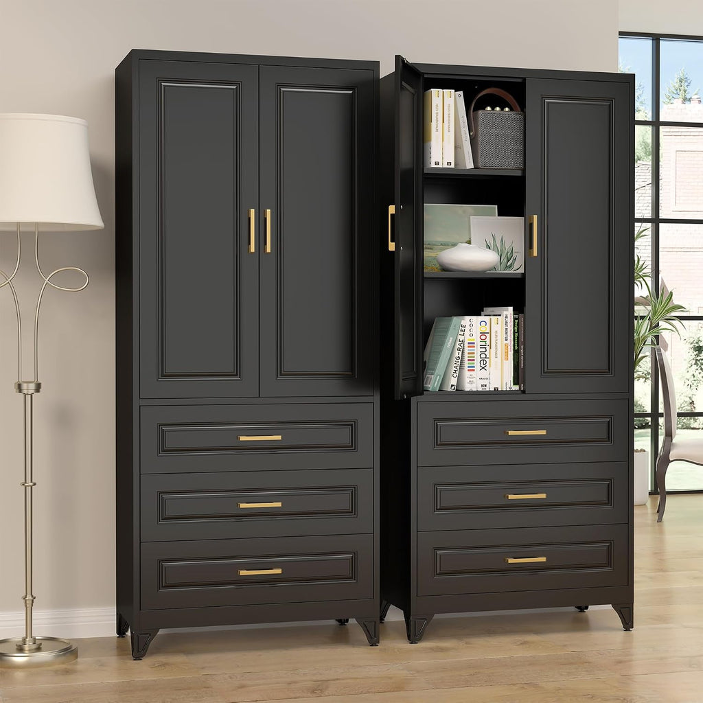 SteeLoong 75' Kitchen Pantry Cabinet with 3 Drawers,Metal Storage Cabinets with Doors and 2 Adjustable Shelves,Black Kitchen Cabinet with 2 Gold Handles,Food Cupboard for Livingroom, Bathroom,Pantry