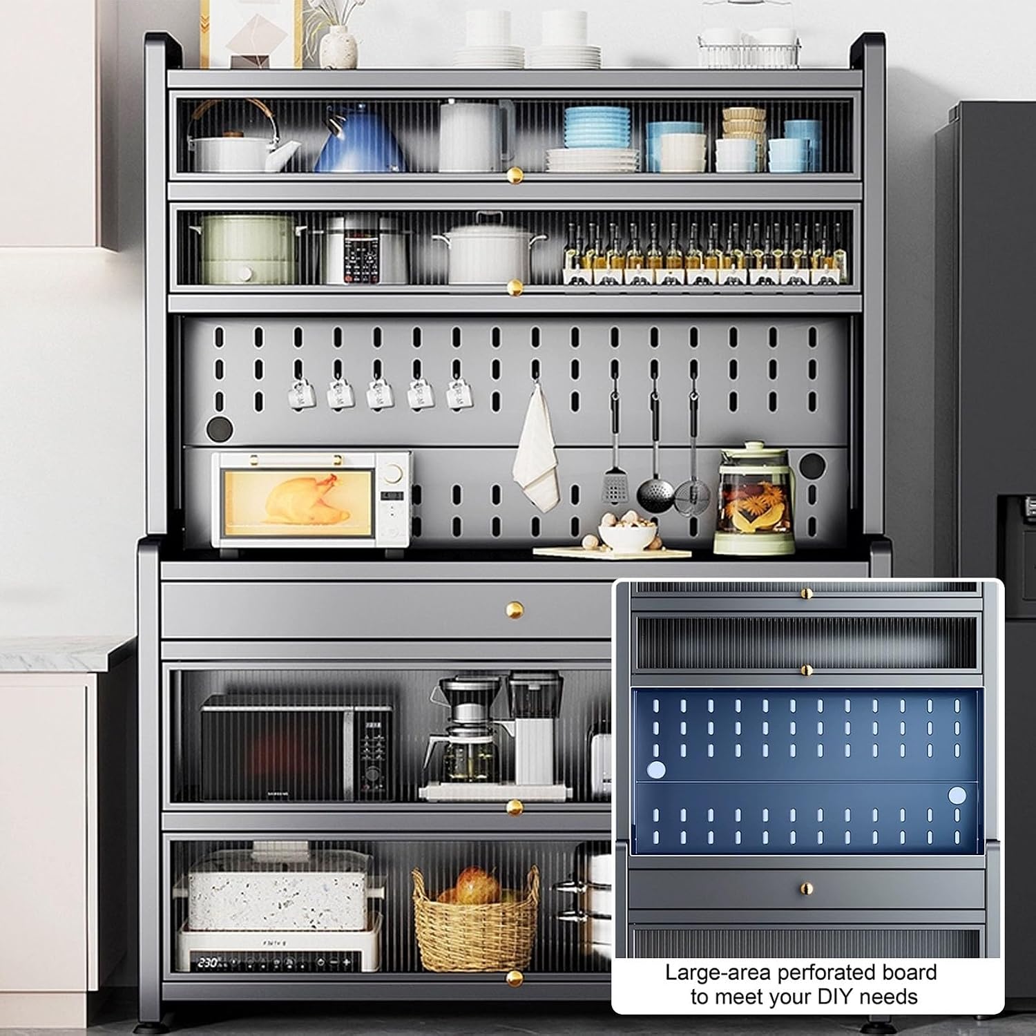 Kitchen Bakers Rack with Drawer, Kitchen Cabinets with Worktop, Wide Tabletop, Large Capacity(Black-80Cm)