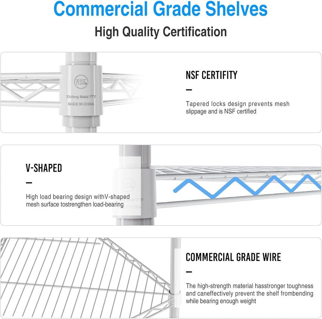 6 Tier NSF Storage Rack, 600lbs Capacity Metal Pentagonal Corner Wire Shelving Units with Adjustable Feet for Balcony, Kitchen, Bathroom 72' H x 20' L x 20' W White