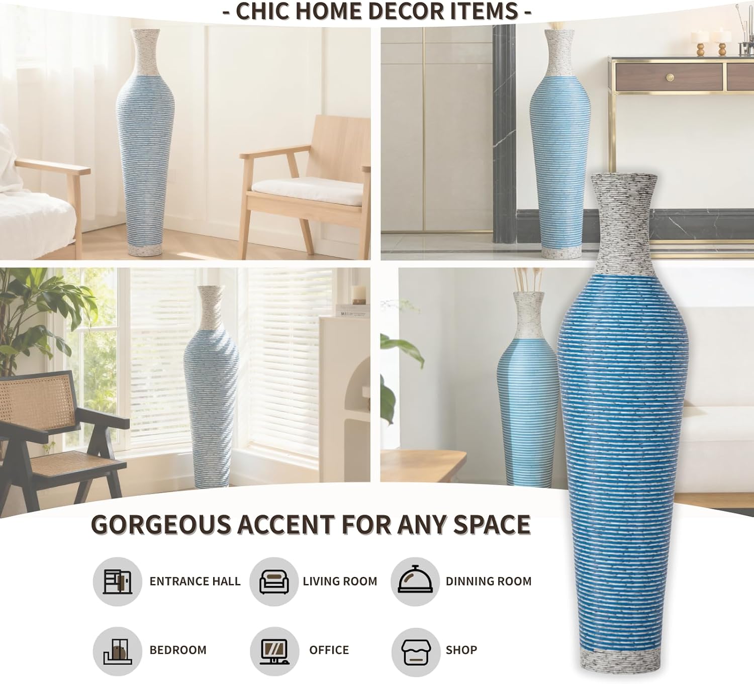 39-Inch Tall Vintage Floor Vase - Premium PVC Rattan Weave, Large Blue Striped Standing Vase, Flower Holder for Home Decor (Blue)