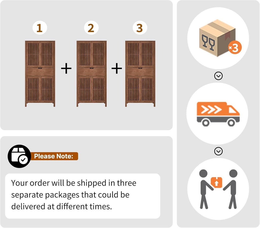 BVIUNTWO Set of 3 Rustic Brown 69' Tall Farmhouse Storage Cabinet with Drawer & Adjustable Shelves, Grille Door Organizer Unit, Anti-Tip Design for Bathroom,Kitchen,Living Room