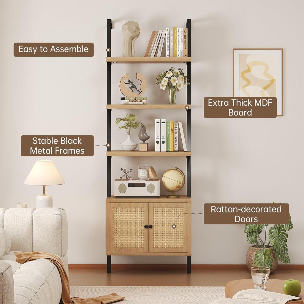 Airynee Ladder Bookshelf, 4 Tier Book Shelf with Rattan Cabinet, Wall Mount Bookshelves and Bookcases with Metal Frame, Anti Dump, Tall Bookcase for Living Room, Home Office, Bedroom Oak