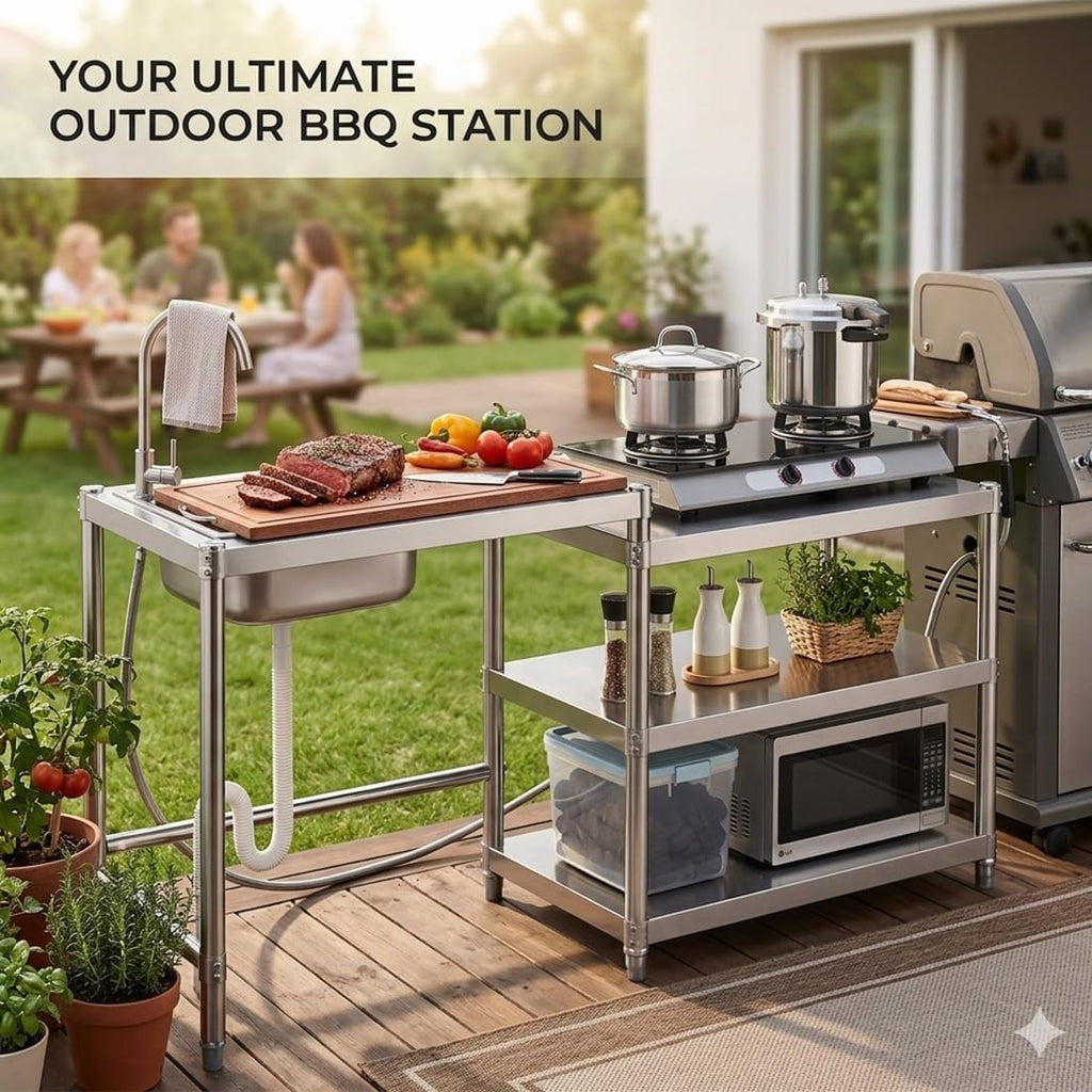 Stainless Steel Kitchen Prep Table with Sink, 3-Tier Multi-functional Washing Hand Basin Station, Utility Free-standing Work Table & Storage Shelves for Backyard BBQ, Garage, Garden