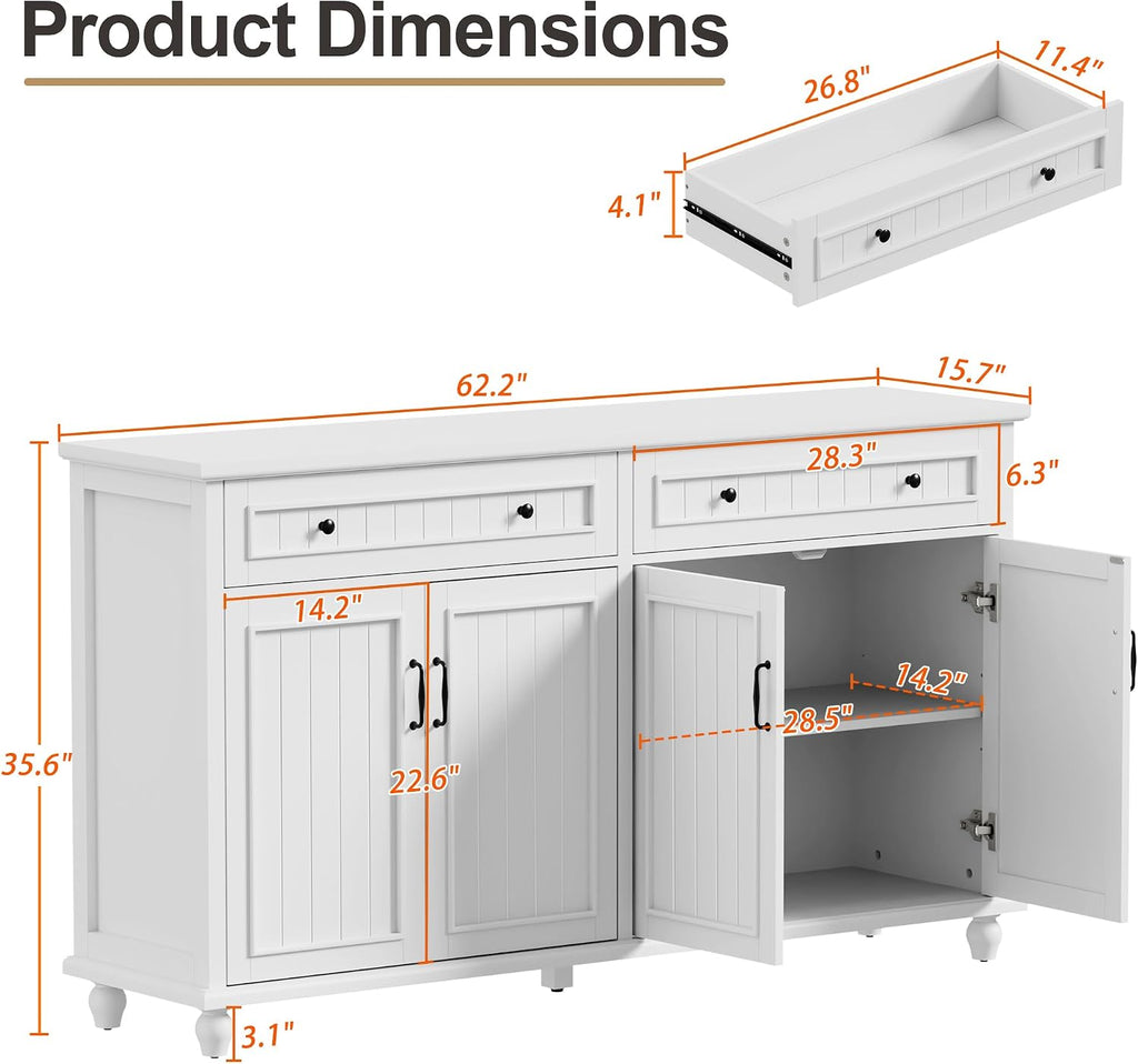 Scurrty Sideboard Buffet Cabinet, 62'' Large Storage Cabinet with Drawers and 4 Doors, Vintage Coffee Bar Cabinets with Adjustable Shelf for Kitchen, Living Room, White