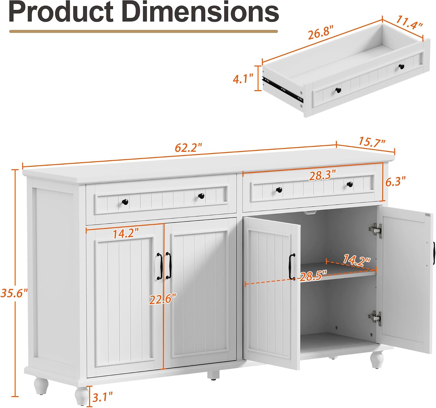 Scurrty Sideboard Buffet Cabinet, 62'' Large Storage Cabinet with Drawers and 4 Doors, Vintage Coffee Bar Cabinets with Adjustable Shelf for Kitchen, Living Room, White