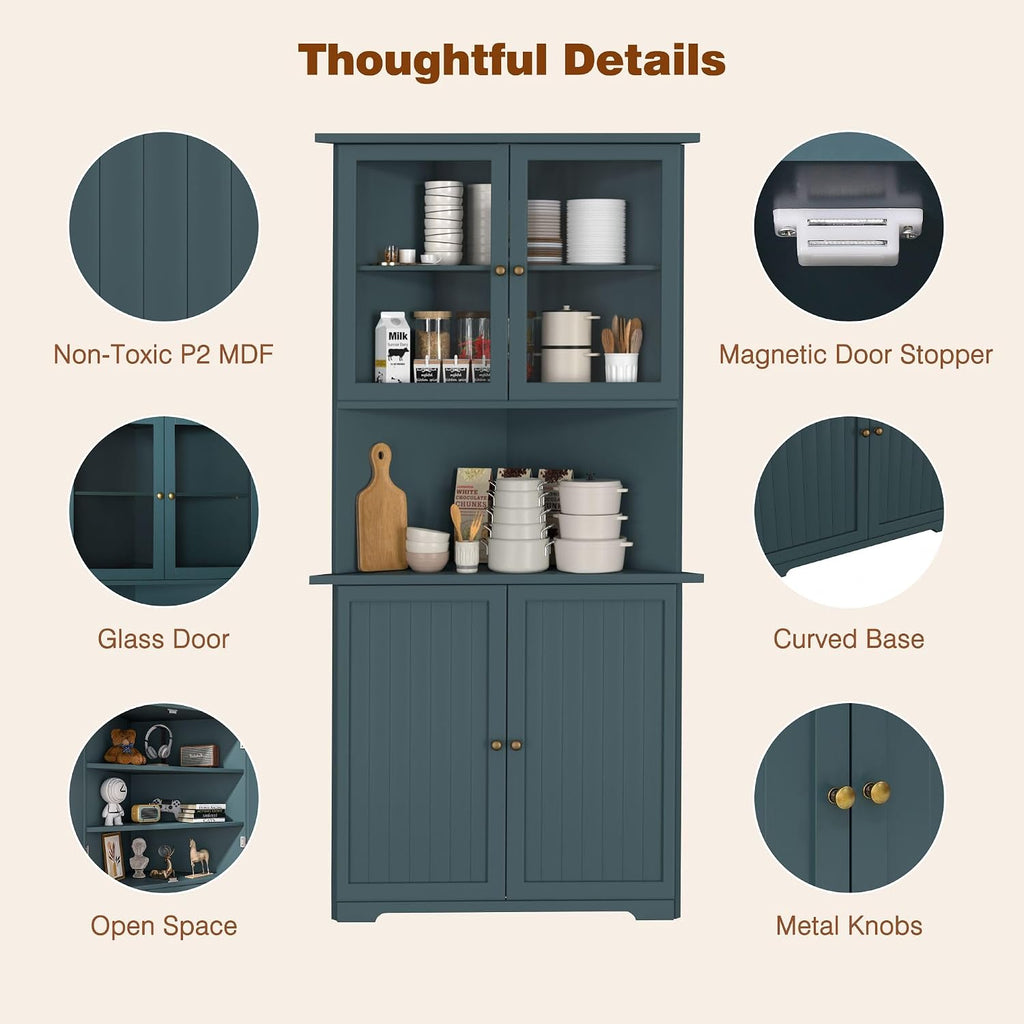MUPATER Tall Corner Cabinet with Doors and Shelves, 71'' Free Standing Corner Kitchen Hutch, Cabinet Storage for Living Room, Bathroom, Kitchen with Countertop, Blue