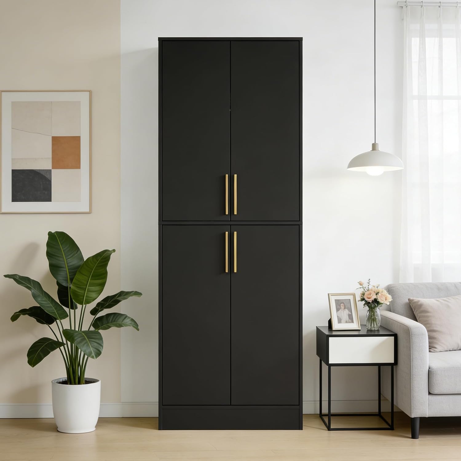 Housoul 71' Tall Pantry Cabinet, 4 Doors Kitchen Pantry Storage Cabinet, Freestanding Larder Cupboard, Kitchen Hutch with Gold Handles for Dining Room, Bathroom, Black