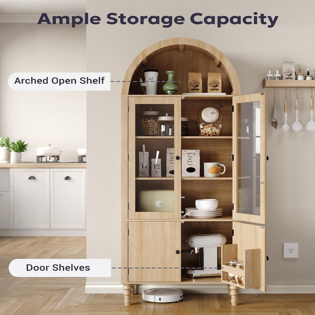 Furnify 71' Tall Arched Pantry Cabinet, Modern Kitchen Storage Cabinet with Doors, 3 Adjustable Shelves, Door Shelves, Organizer, Versatile Cupboard for Kitchen, Bathroom, Natural
