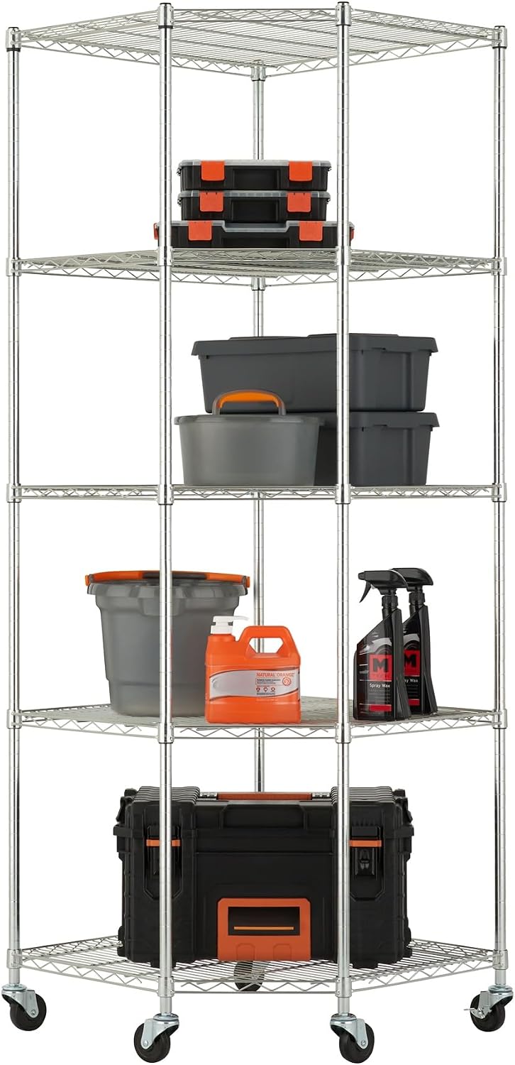 5-Tier Adjustable Wire Shelving with Wheels, Corner Wire Shelf Rack for Kitchen Organization, Garage Storage, 400 to 2000lb Capacity, NSF Certified, 27'x27 x18'x72', EcoStorage Chrome