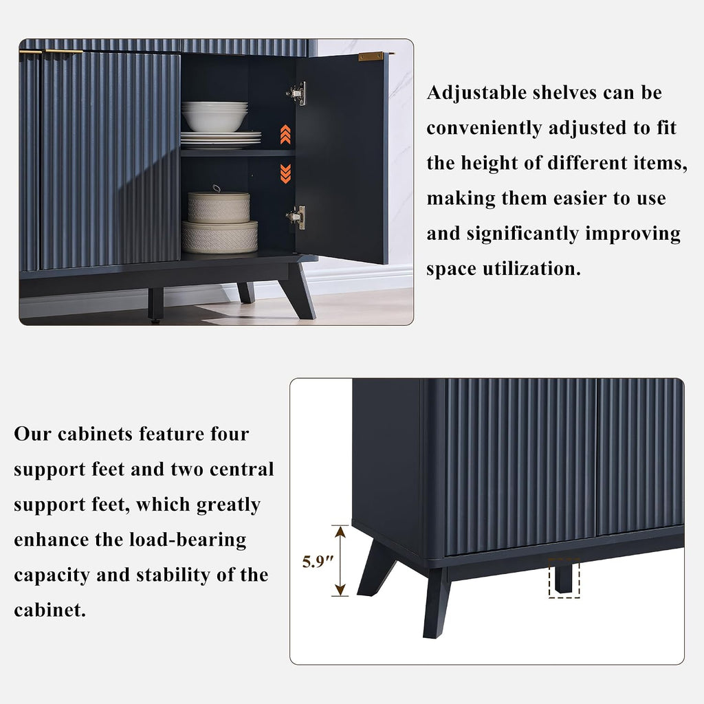 OKD 60' Fluted Buffet Sideboard Cabinet with Storage, Morden Credenza Buffet Table Coffee Bar Storage Cabinet with 4 Doors and 3 Drawers for Dining Room, Living Room,Hallway (Dark Grey)