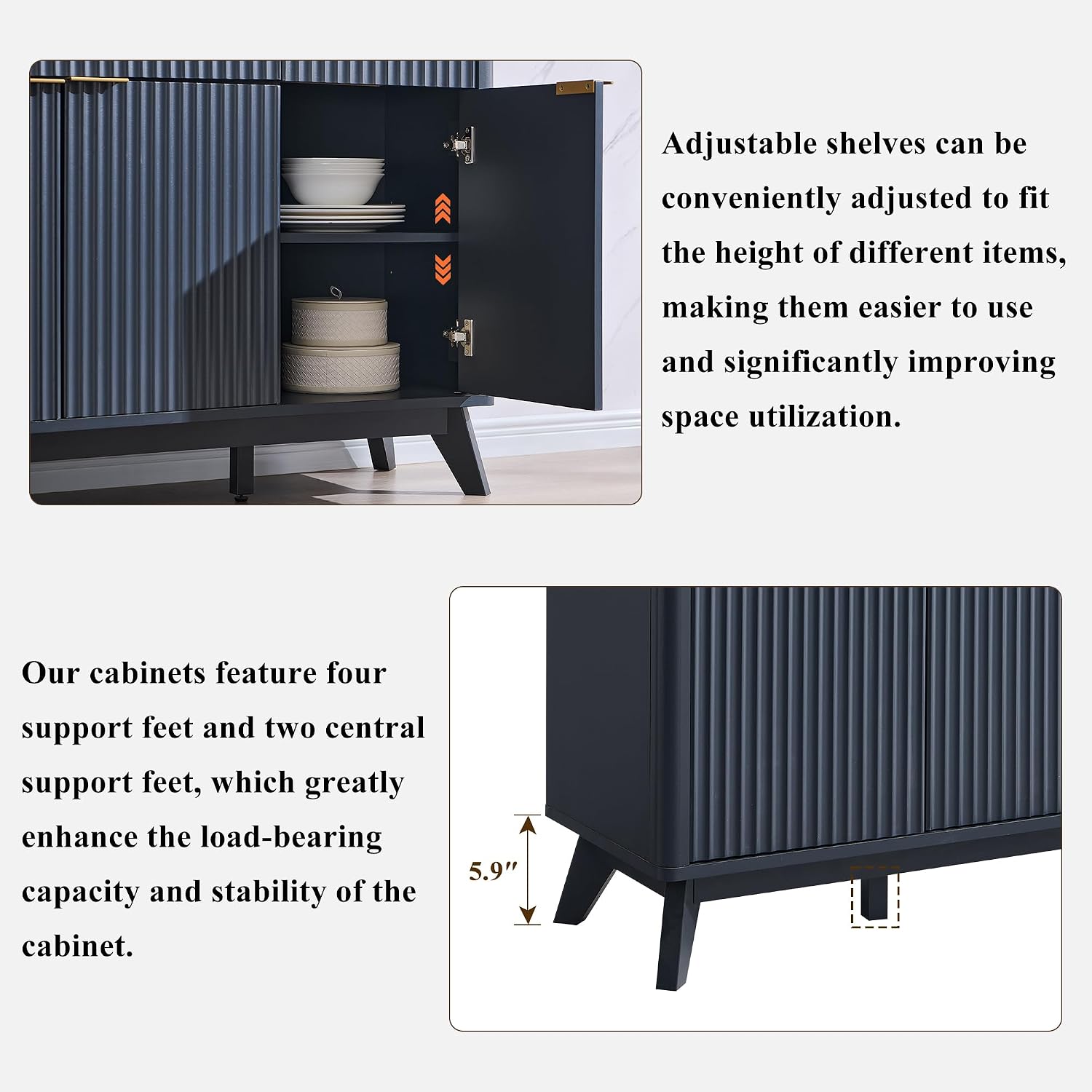 OKD 60' Fluted Buffet Sideboard Cabinet with Storage, Morden Credenza Buffet Table Coffee Bar Storage Cabinet with 4 Doors and 3 Drawers for Dining Room, Living Room,Hallway (Dark Grey)