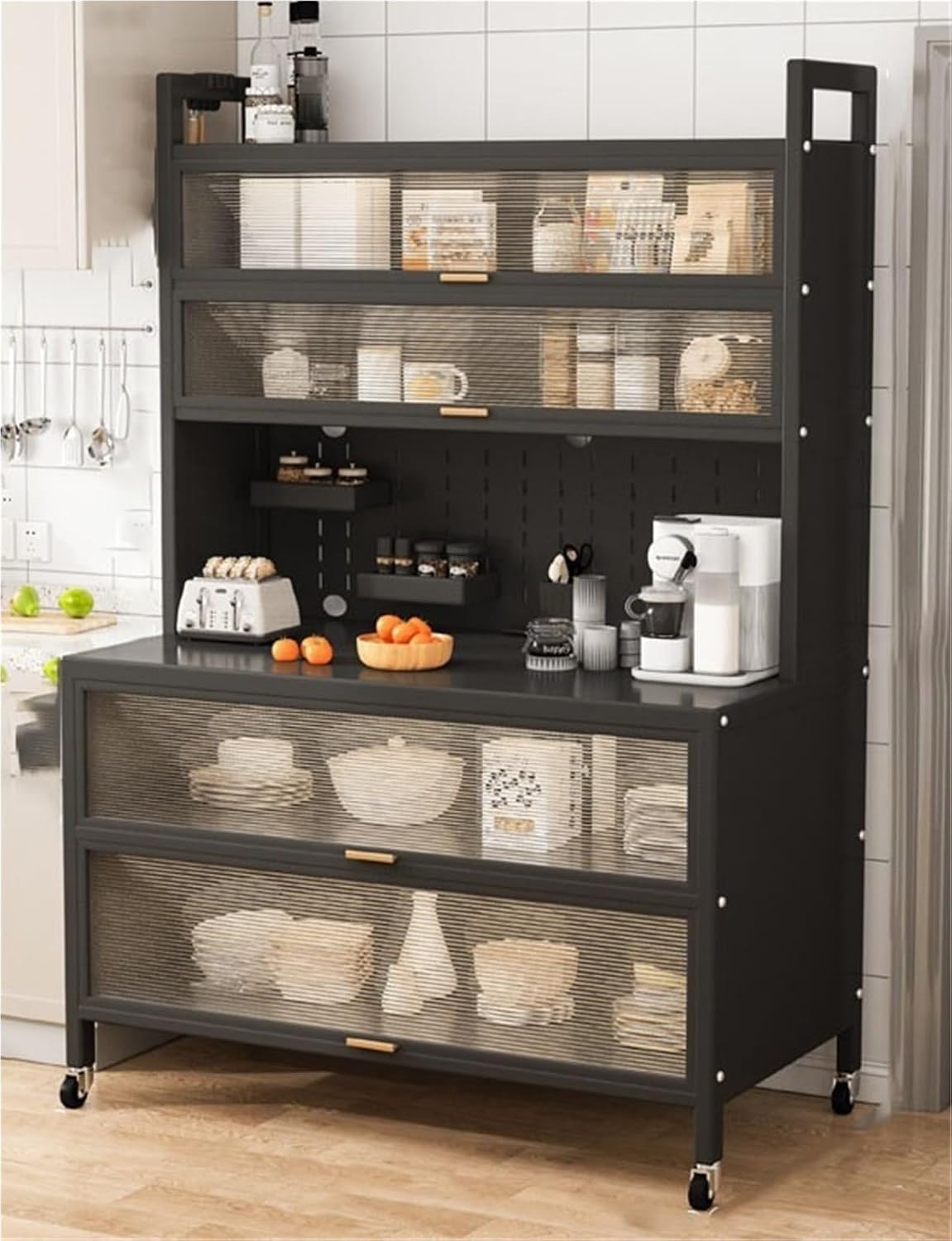 Kitchen Pantry Storage Cabinet Shelf Microwave 6-Tier Stand with Storage with Flip Door and Wheels Metal Sideboard Baker's Rack Coffee Pub for Spices Pots Pans ﻿(Black,100cm)