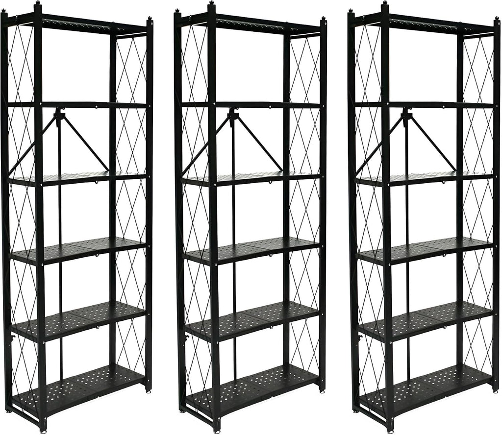 Origami 3-Pack RB Slim Bookcase Rack, 6-Tier Heavy-Duty Foldable Steel Bookshelf, Black