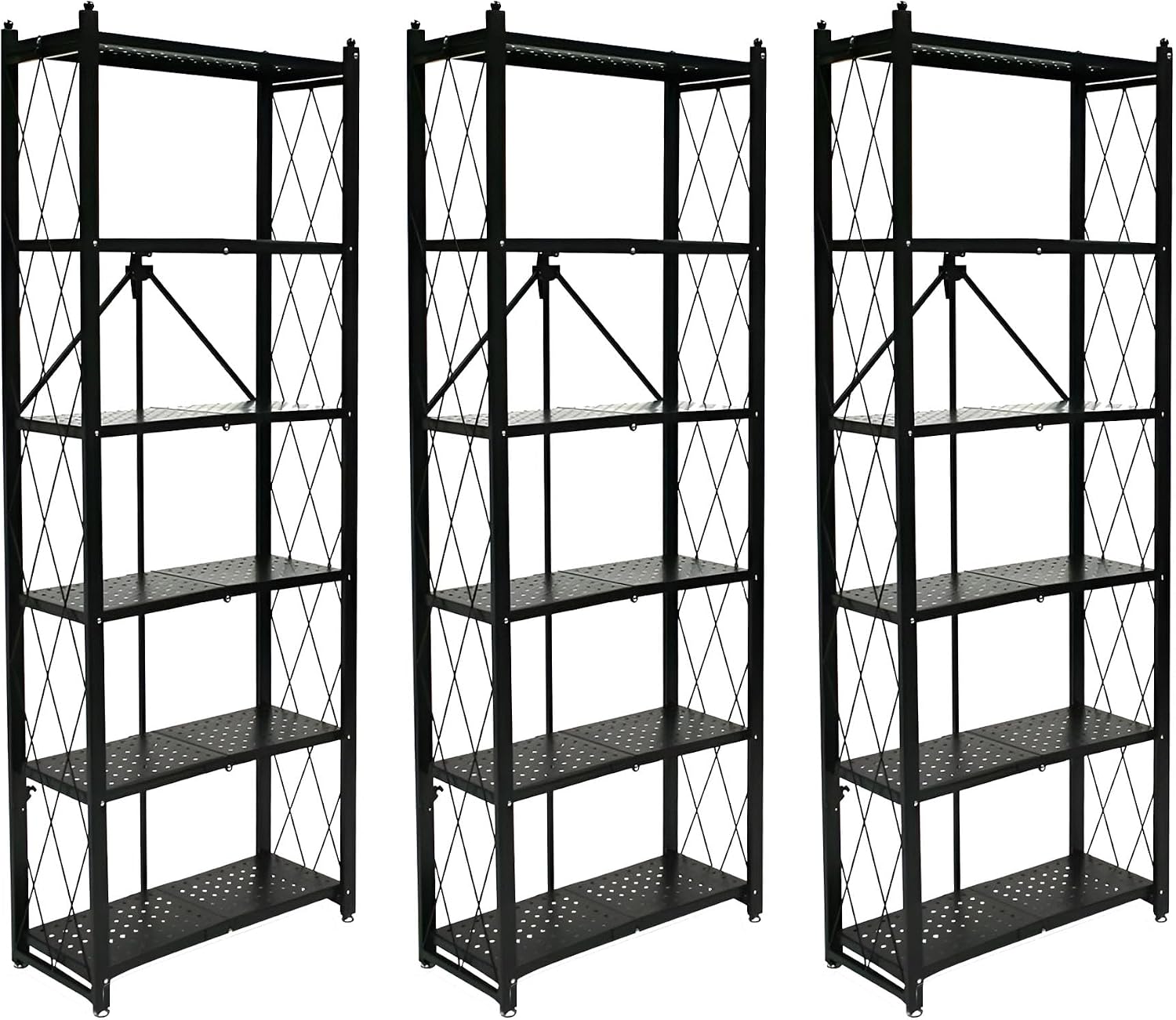 Origami 3-Pack RB Slim Bookcase Rack, 6-Tier Heavy-Duty Foldable Steel Bookshelf, Black