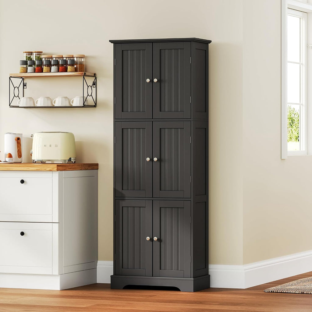 ChooChoo Tall Bathroom Storage Cabinet with 6 Doors, Freestanding Floor Cabinet with Adjustable Shelves, Black Pantry Cabinet for Bathroom, Kitchen, Laundry Room