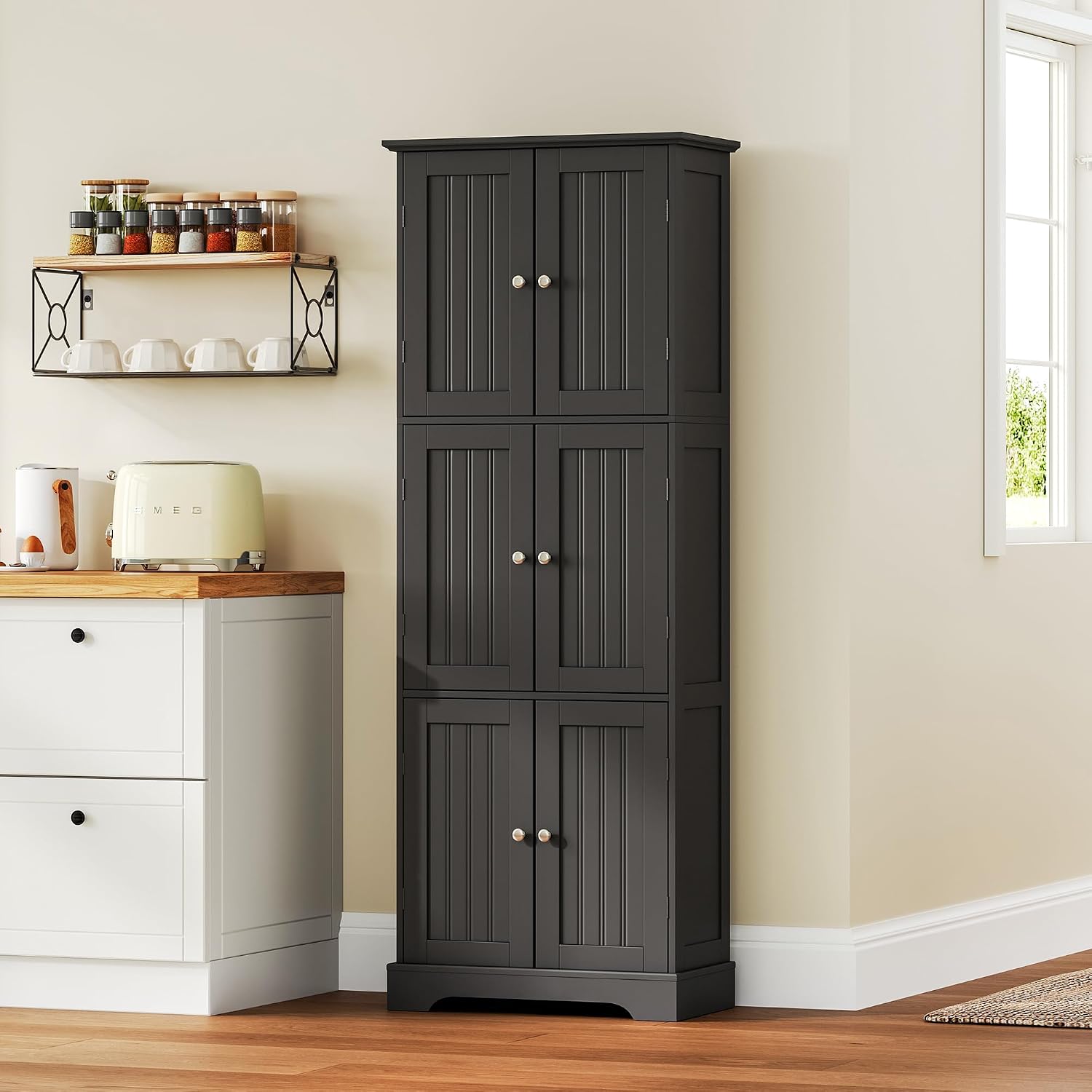 ChooChoo Tall Bathroom Storage Cabinet with 6 Doors, Freestanding Floor Cabinet with Adjustable Shelves, Black Pantry Cabinet for Bathroom, Kitchen, Laundry Room