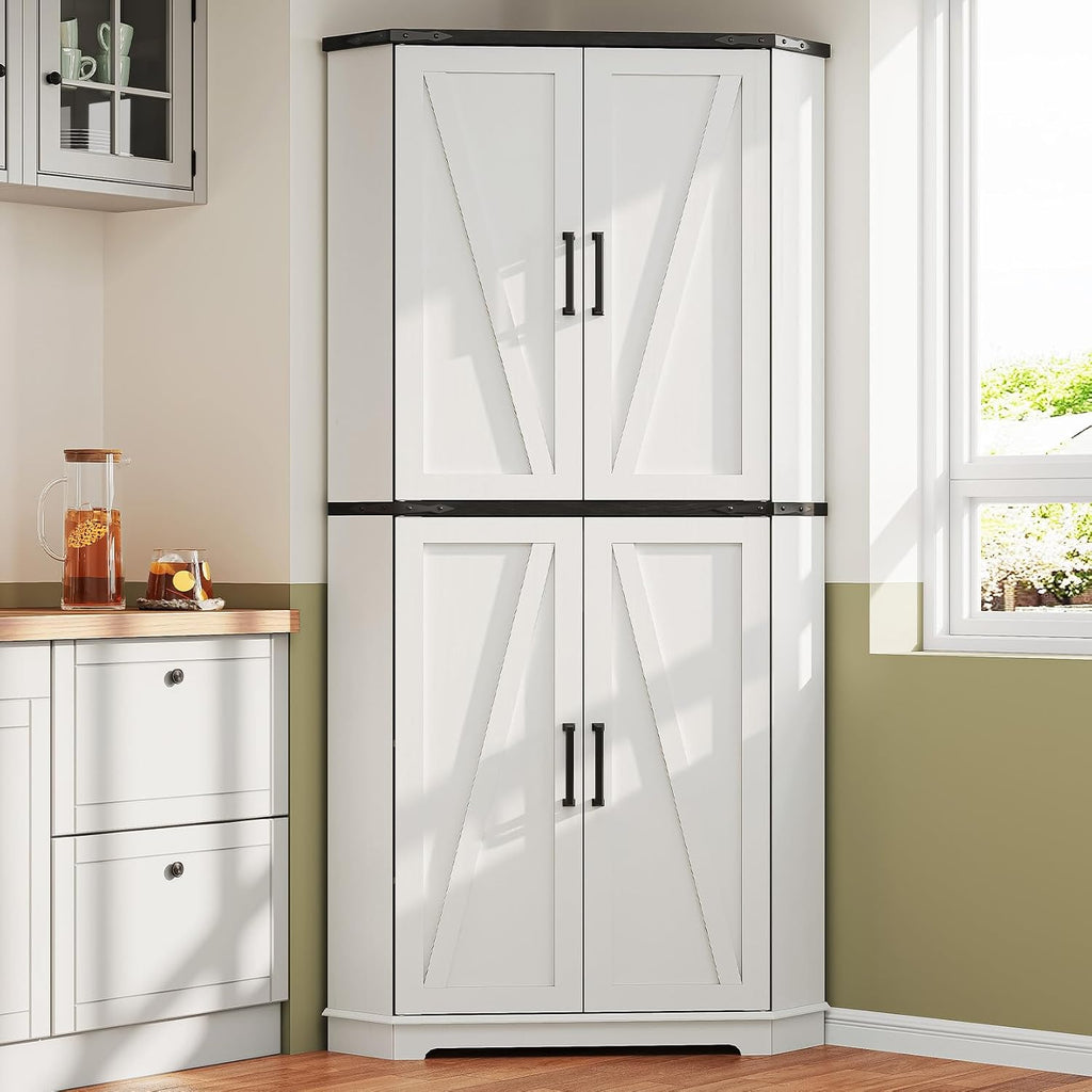 Dripex 71' Corner Cabinet White, Farmhouse Kitchen Pantry Cabinet with Doors Storage & Adjustable Shelves, Tall Corner Storage Cabinet with LED Light, Food Pantry for Living Room, Dining Room