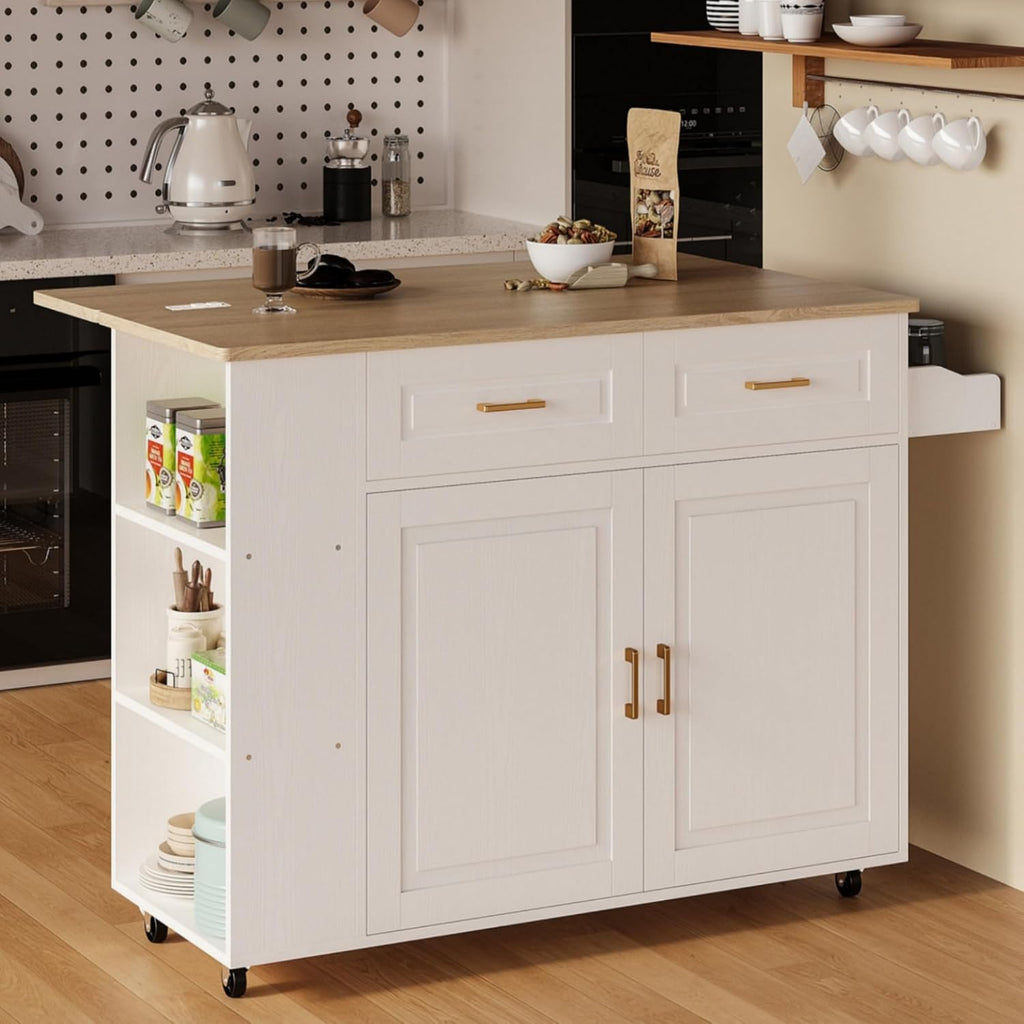 IRONCK Kitchen Island with Power Outlet & Drop Leaf, 47.2' Width Rolling Kitchen Island on Wheels with Storage, Mobile Kitchen Island Cart with Spice Rack, Open Shelves and Drawer, White