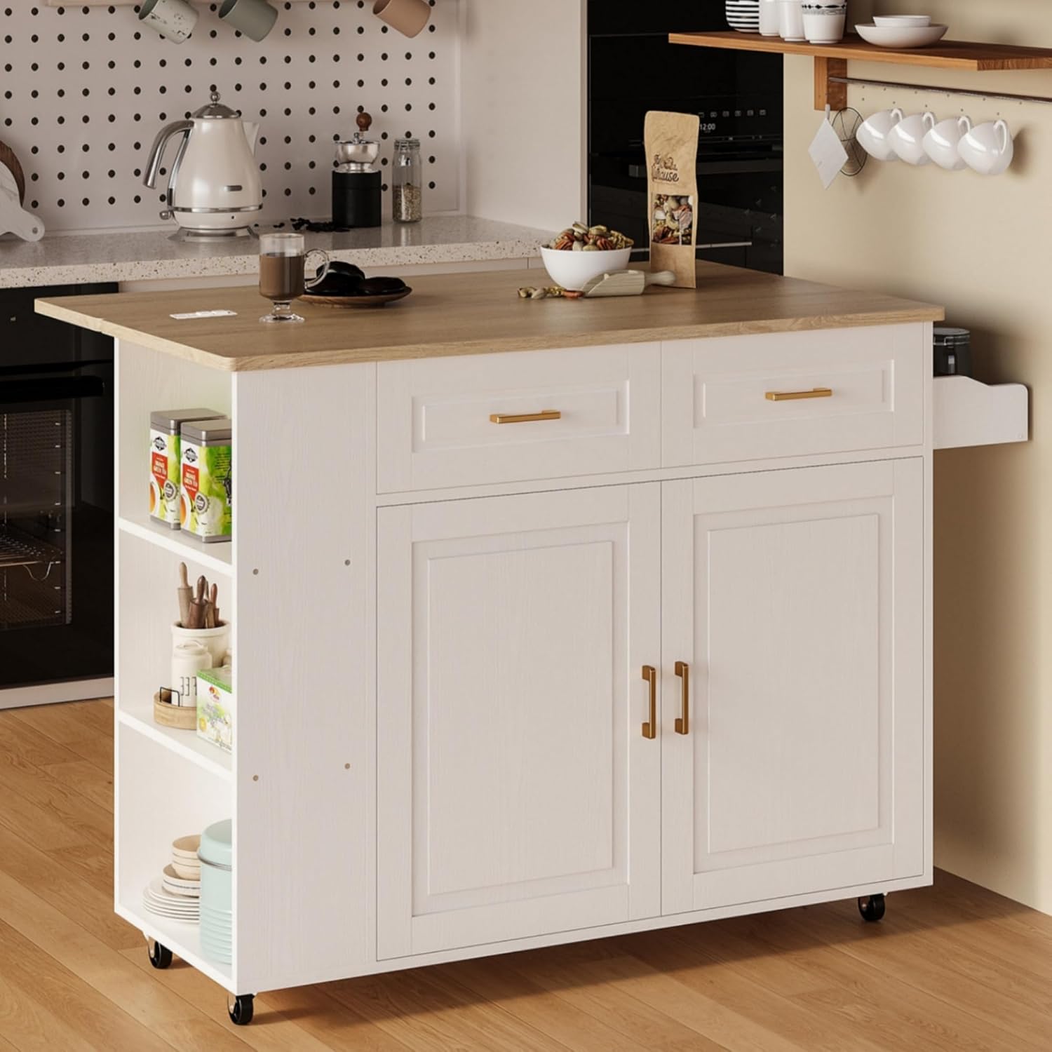 IRONCK Kitchen Island with Power Outlet & Drop Leaf, 47.2' Width Rolling Kitchen Island on Wheels with Storage, Mobile Kitchen Island Cart with Spice Rack, Open Shelves and Drawer, White