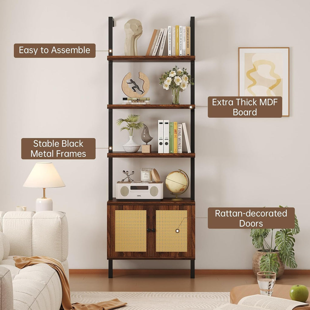 Airynee Ladder Bookshelf, 4 Tier Book Shelf with Rattan Cabinet, Wall Mount Bookshelves and Bookcases with Metal Frame, Anti Dump, Tall Bookcase for Living Room, Home Office, Bedroom Walnut 4pcs
