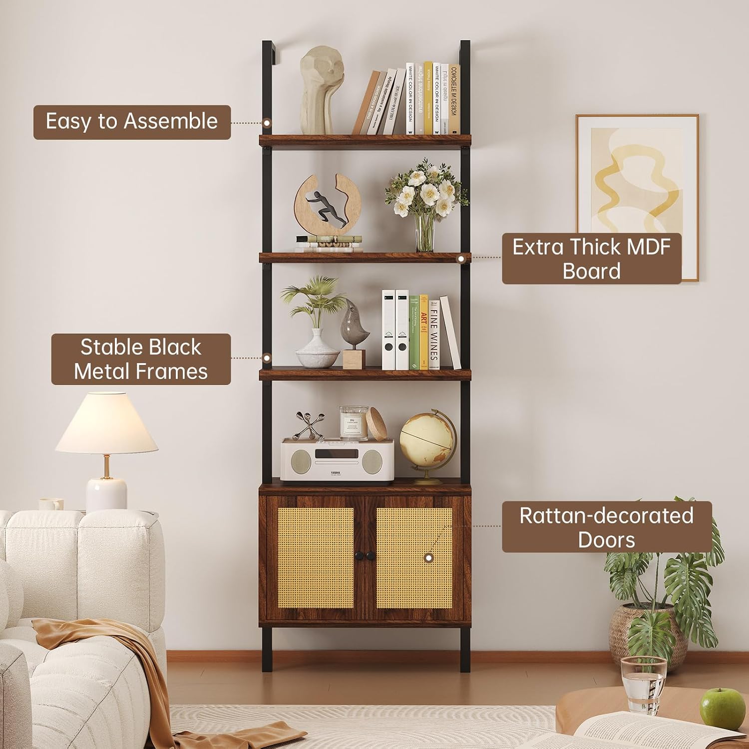 Airynee Ladder Bookshelf, 4 Tier Book Shelf with Rattan Cabinet, Wall Mount Bookshelves and Bookcases with Metal Frame, Anti Dump, Tall Bookcase for Living Room, Home Office, Bedroom Walnut 2pcs