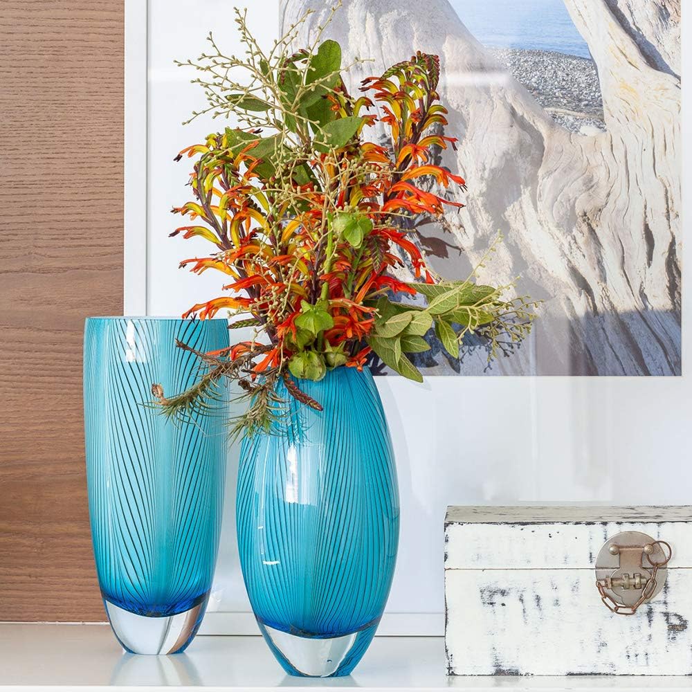 Ca D Oro Murano Style Glass Vase Blue Feather Pattern Hand Blown Art Glass for Flower, Room Decoration and Centerpiece - Model 54 MS